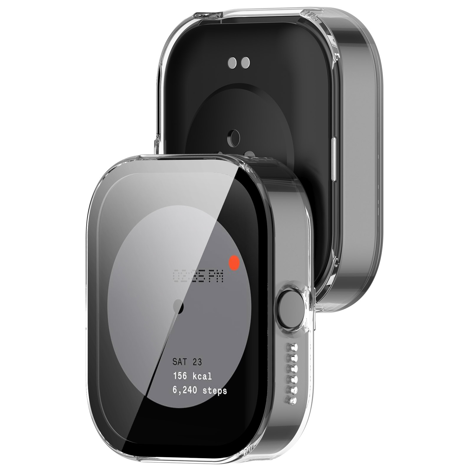 Smartwatch in una custodia trasparente. Lo schermo mostra ora, data, calorie e passi. La custodia è trasparente.