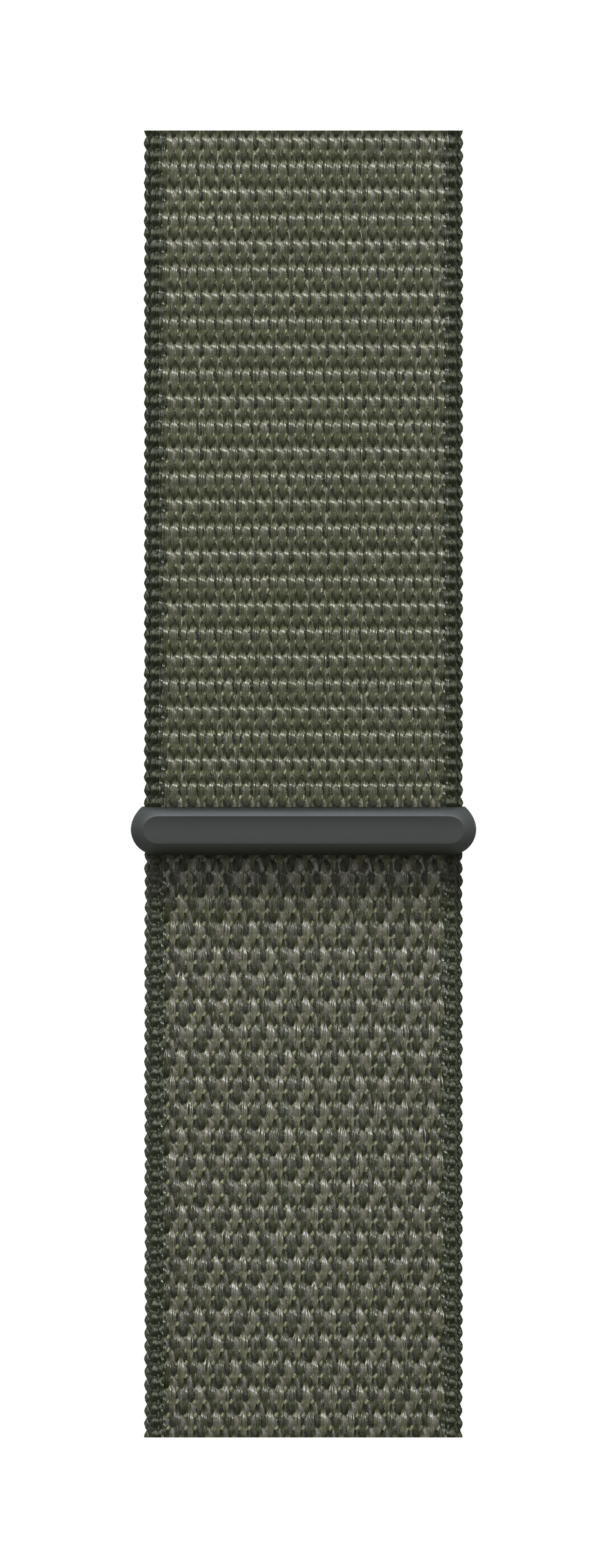 Cinturino verde oliva con connettore grigio più scuro. Il cinturino ha una trama intrecciata. Lo sfondo è bianco.