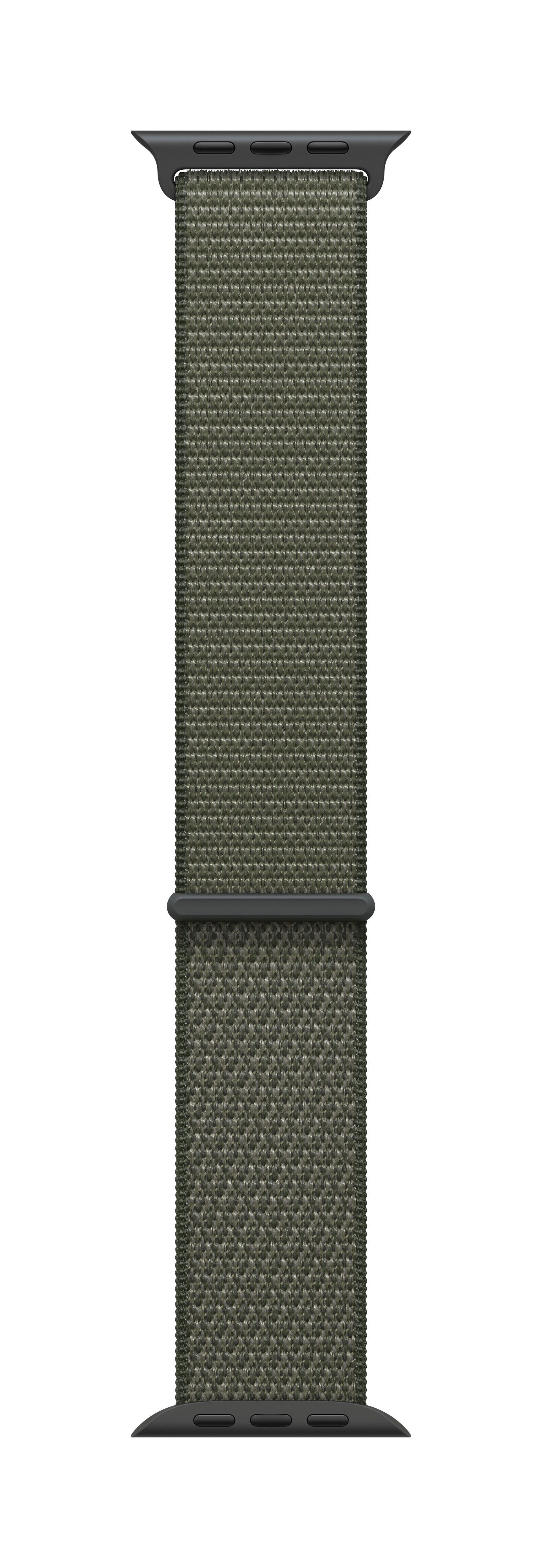 Un cinturino per Apple Watch verde oliva. Il cinturino è in materiale tessuto e ha connettori neri.