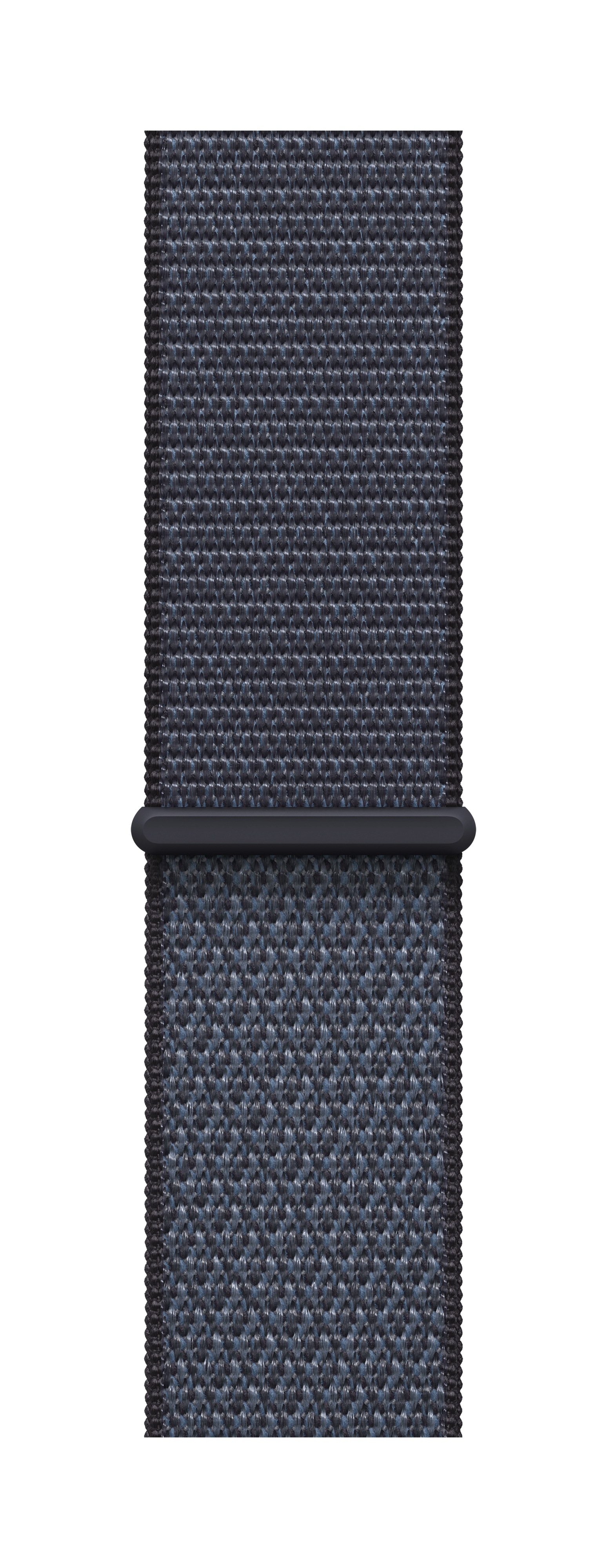 Primo piano di un cinturino per orologio intrecciato blu e nero. C'è una barra nera al centro. Il cinturino è su sfondo bianco.