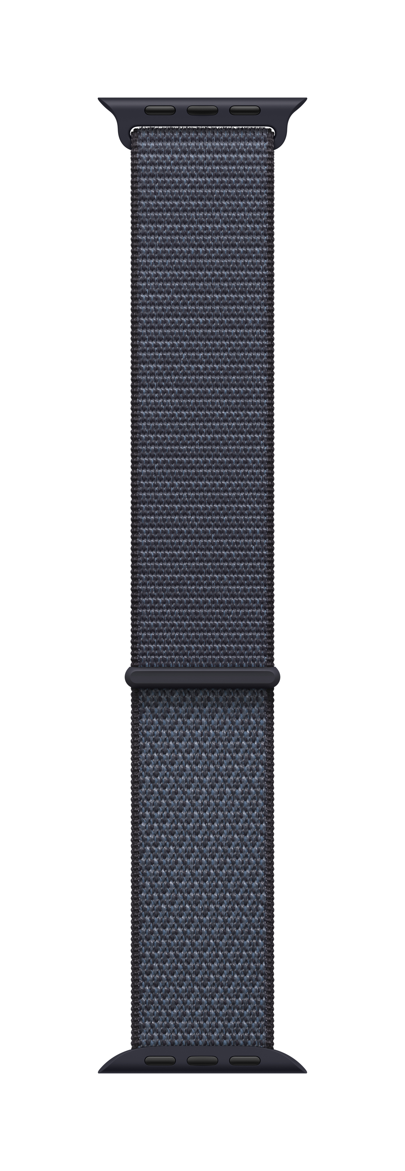 Un cinturino Apple Watch blu scuro. Il cinturino è in tessuto intrecciato con fibbia e attacco scuri.