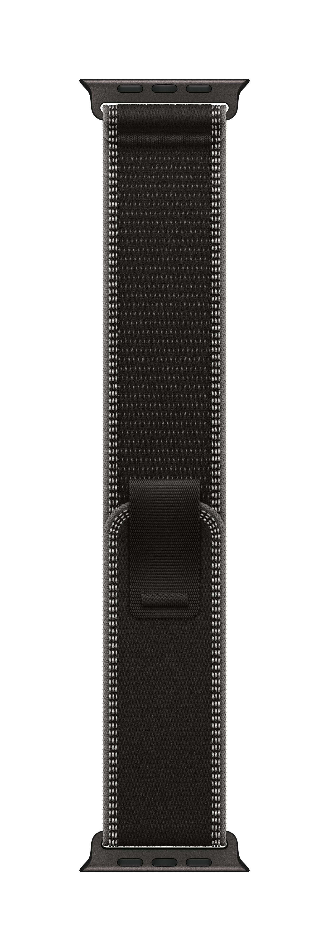 Bracelet de montre Apple noir. Comprend un bracelet tissé gris foncé avec des coutures blanches sur les bords et un fermoir noir.