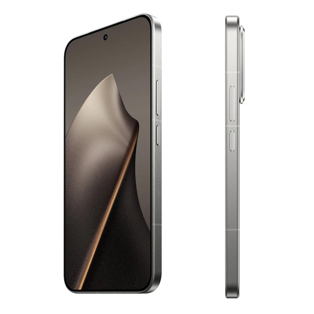 Srebrny smartfon, widok z przodu i z boku. Wyświetlacz pokazuje ciemny, abstrakcyjny wzór. Przyciski z boku. Białe tło.