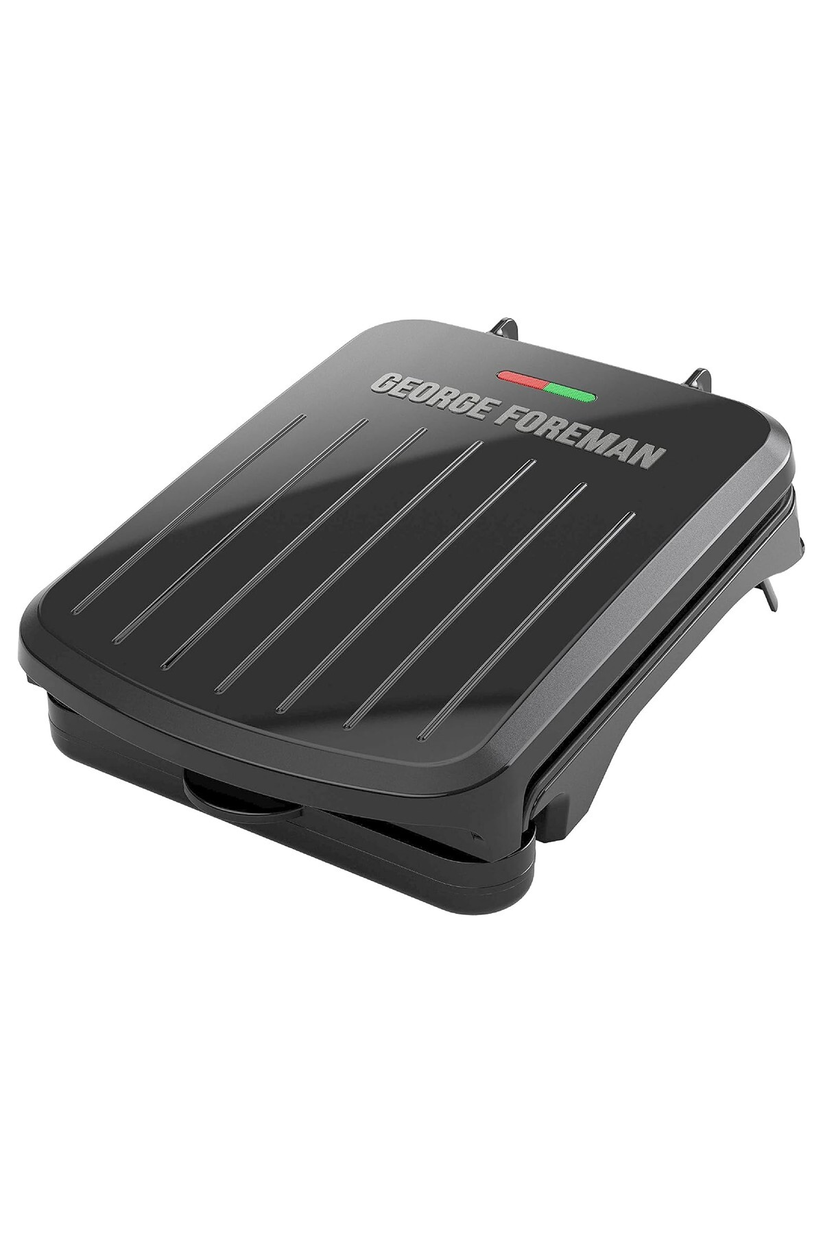 Kırmızı ve yeşil gösterge ışıklı siyah George Foreman ızgarası. Izgara kapalı ve beyaz bir yüzey üzerinde duruyor.