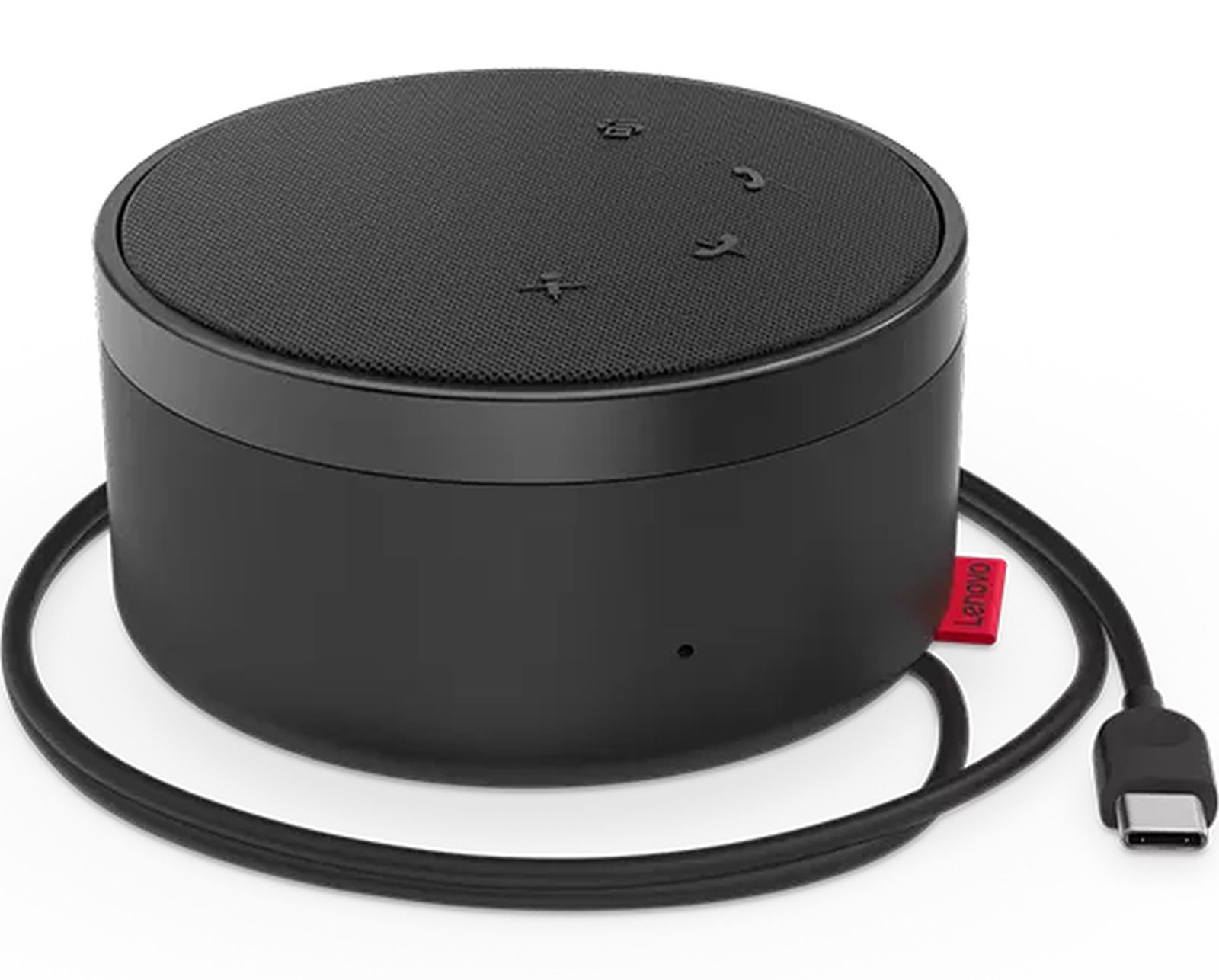 Un altoparlante intelligente Lenovo nero con pulsanti di controllo sulla parte superiore, un cavo e un connettore USB-C. È visibile un'etichetta rossa Lenovo.