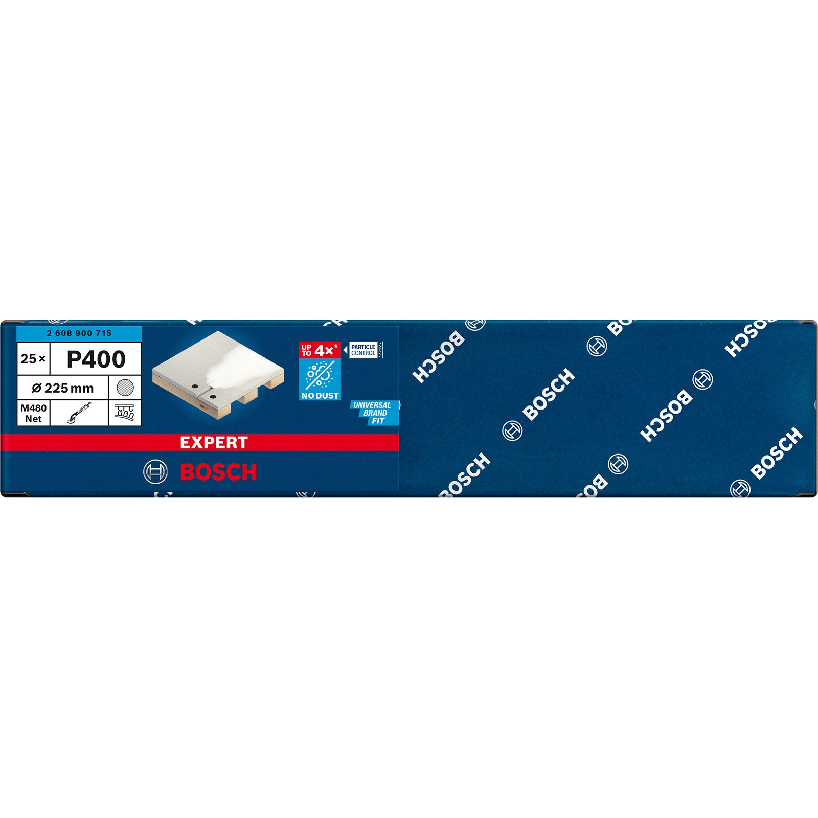 Confezione di utensili Bosch P400. Contiene 25 unità. Caratteristiche 'No Dust', 'Particle Control' e 'Universal Brand Fit'. La scatola è blu scuro.