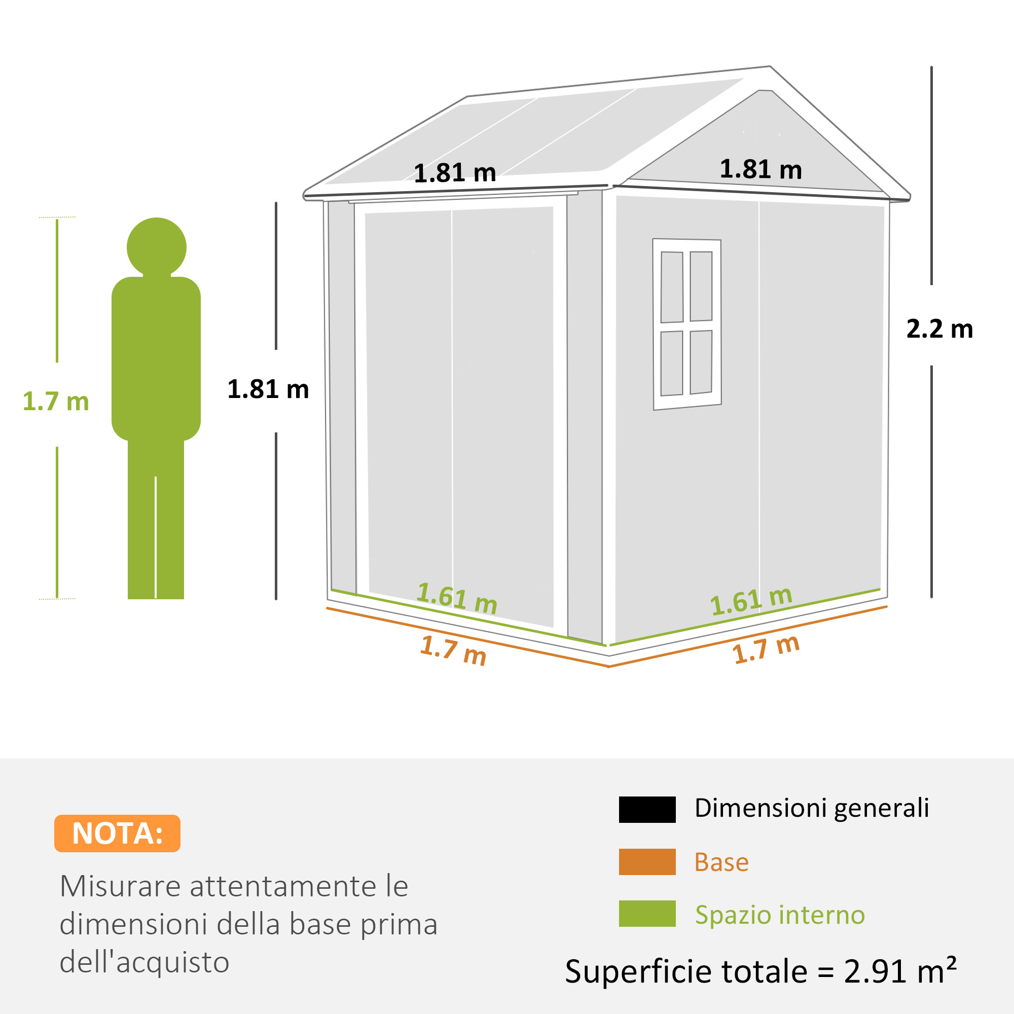 Un diagramma mostra un capannone con dimensioni. Una figura verde rappresenta l'altezza, il testo fornisce info sull'area e base.