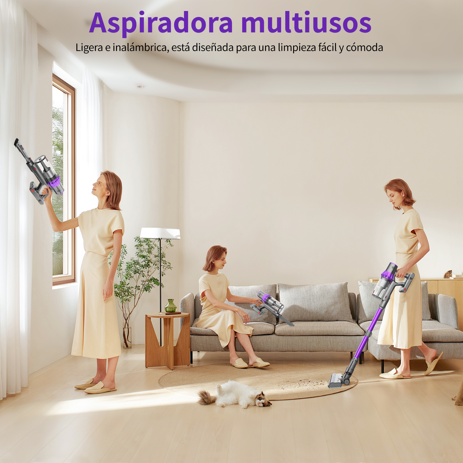 Tres mujeres usando aspiradoras inalámbricas en una sala de estar. Una cerca de la ventana, dos cerca del sofá. Gato en el suelo.