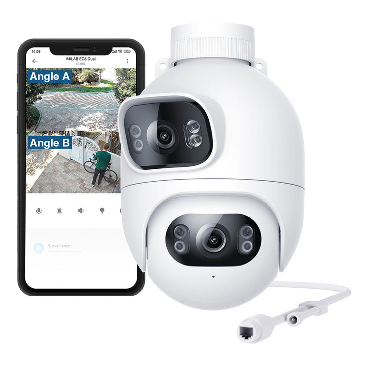 A white security camera next to a phone showing surveillance footage. A person with a bike is visible in the phone's view.