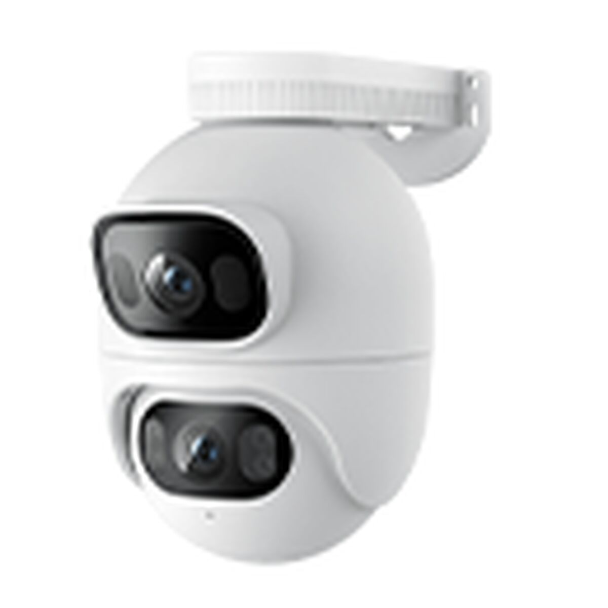 A white security camera with two lenses. It's mounted on a white bracket against a white background.