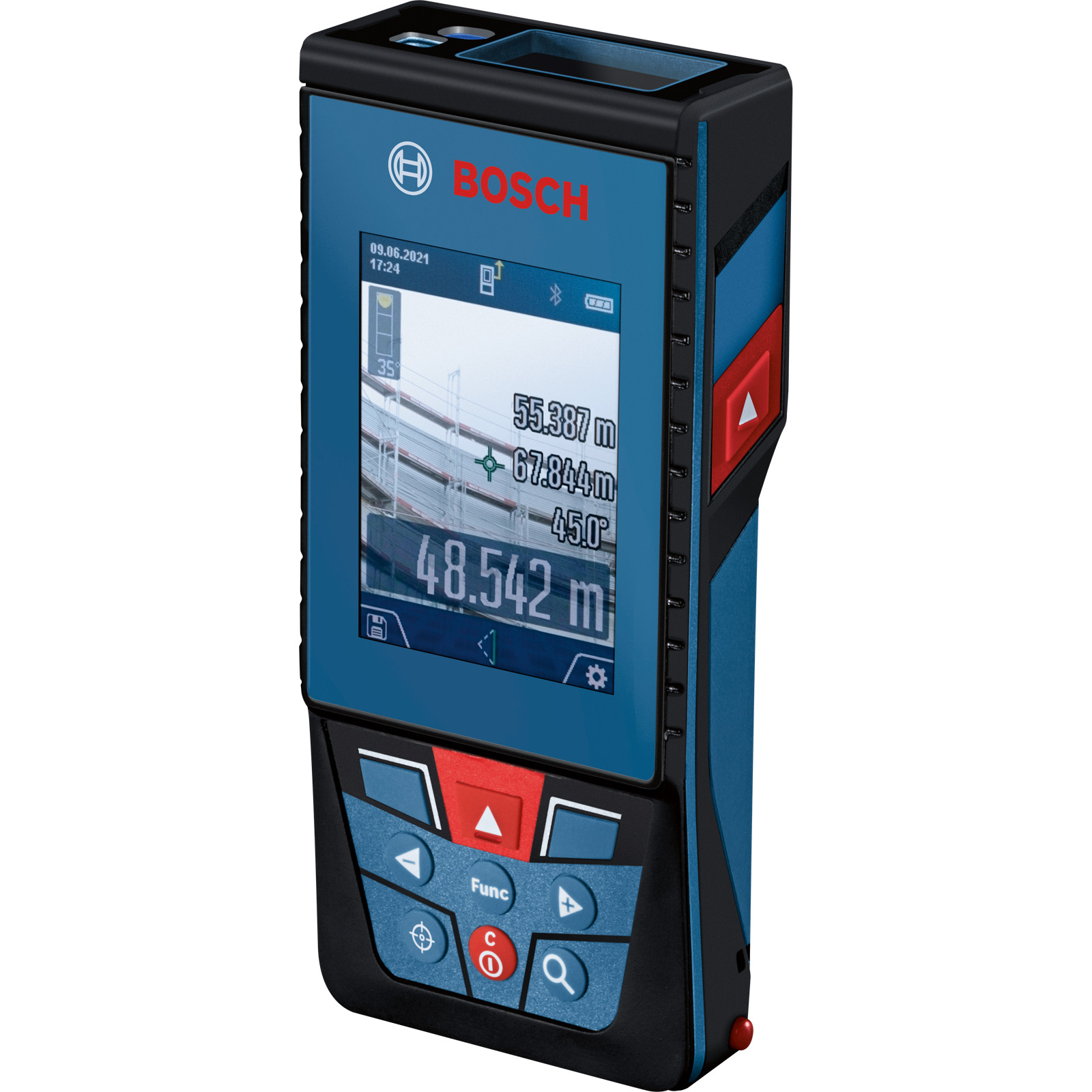 Ekranında ölçümleri gösteren mavi ve siyah bir Bosch lazer mesafe ölçer. Düğmeleri ve kırmızı bir güç düğmesi var.
