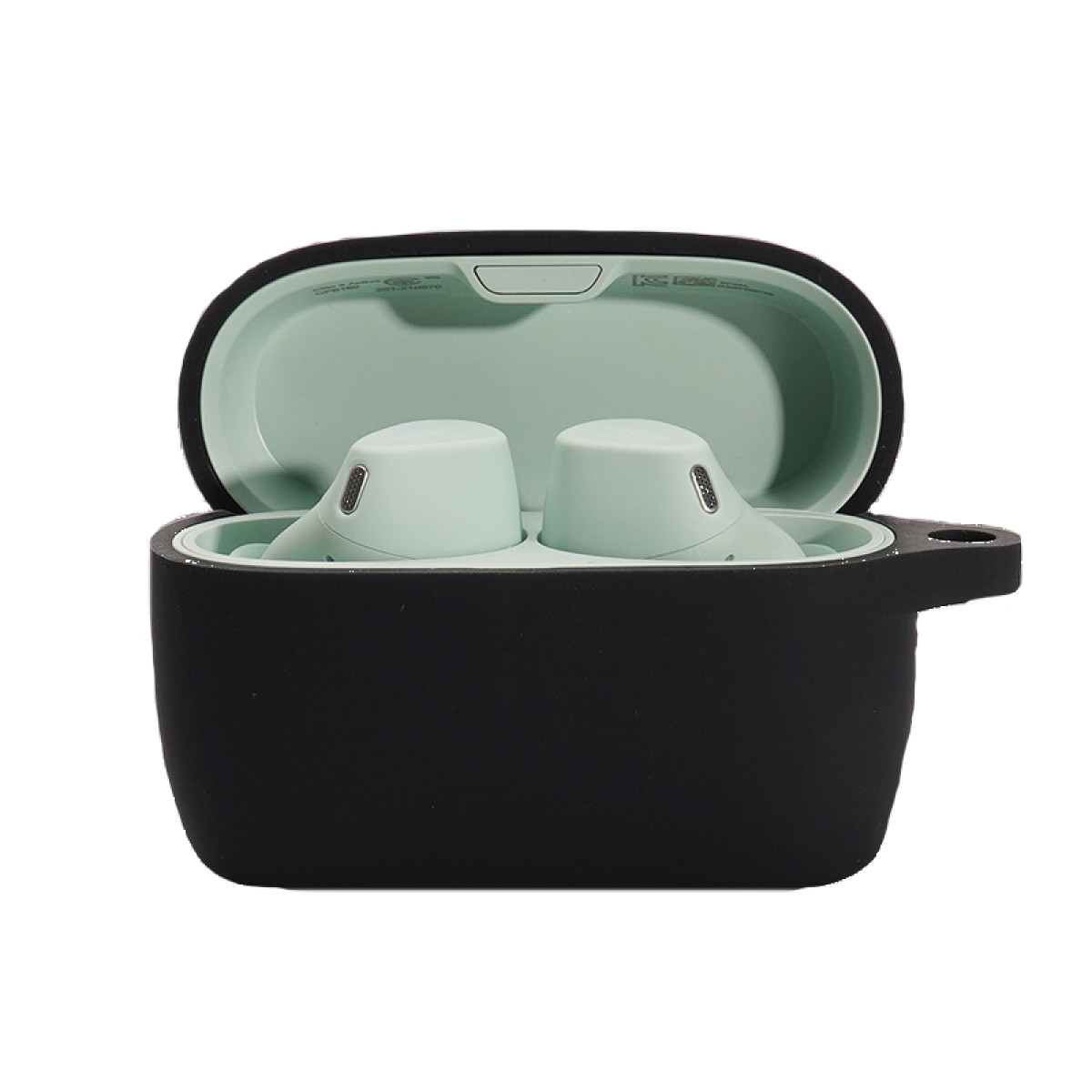 Czarne etui z jasnozielonymi słuchawkami. Etui jest otwarte, ukazując słuchawki w środku. Białe tło.