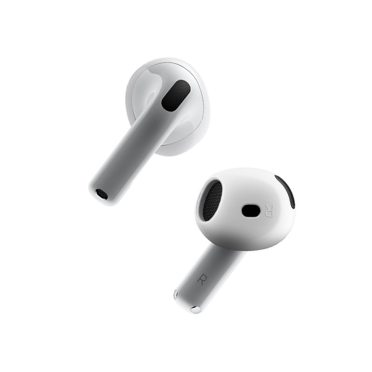 Twee witte Apple AirPods tegen een witte achtergrond. Eén is omhoog gekanteld, de ander omlaag, beide tonen zwart gaas.