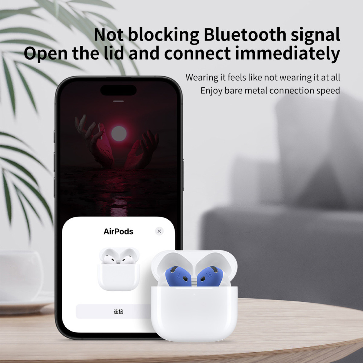 Das Bild zeigt AirPods mit blauen Ohrstöpseln. Ein Telefon zeigt einen Verbindungsbildschirm. Text betont Bluetooth-Konnektivität und Komfort.