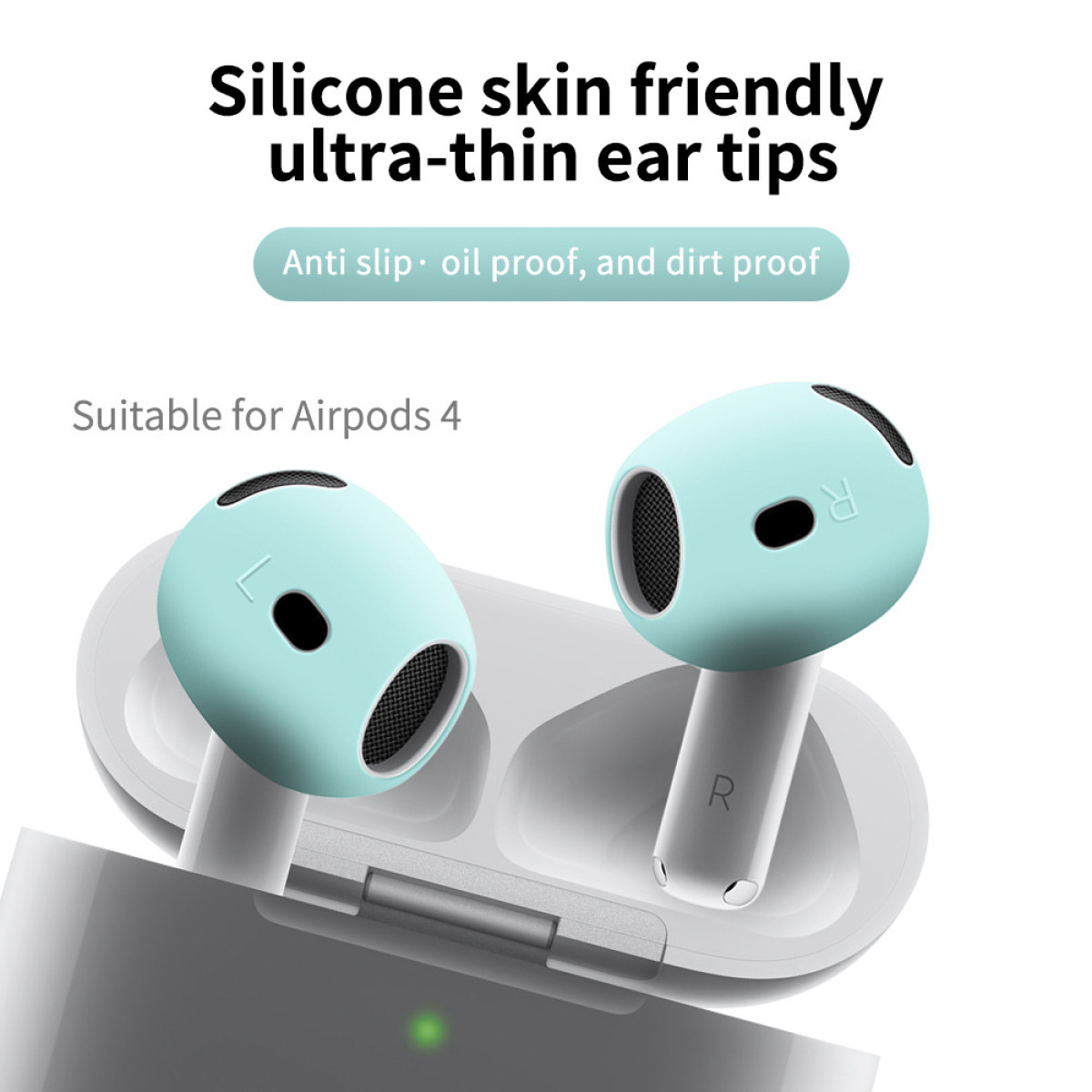 Ohrstöpsel für Airpods 4. Hellblaue Silikonhüllen. Das Bild enthält Text: 'Silikon hautfreundlich ultra-dünne Ohrtips'.