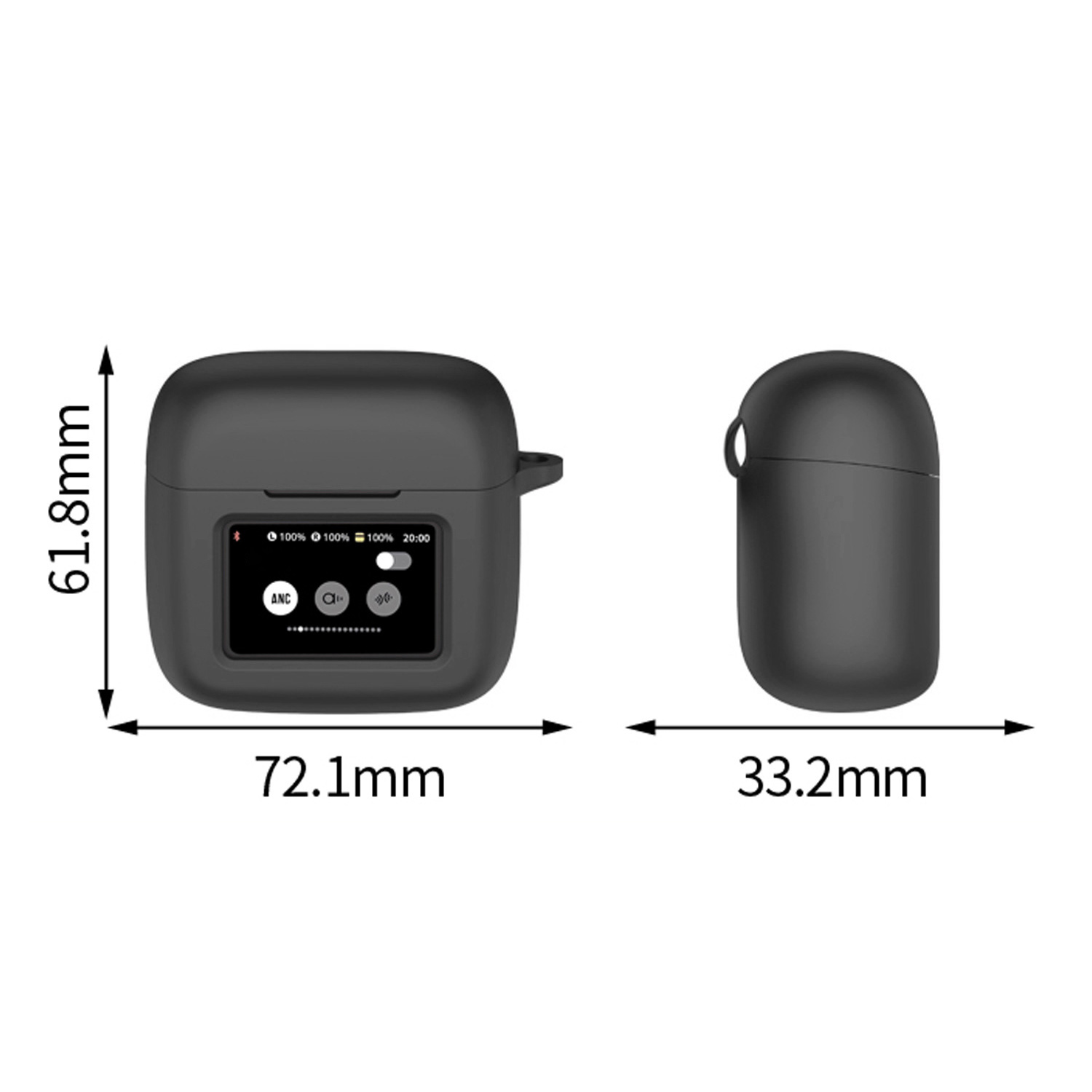 Schwarzes Kopfhörer-Etui und Ladeetui mit den Maßen: 61,8 mm, 72,1 mm und 33,2 mm auf weißem Hintergrund.