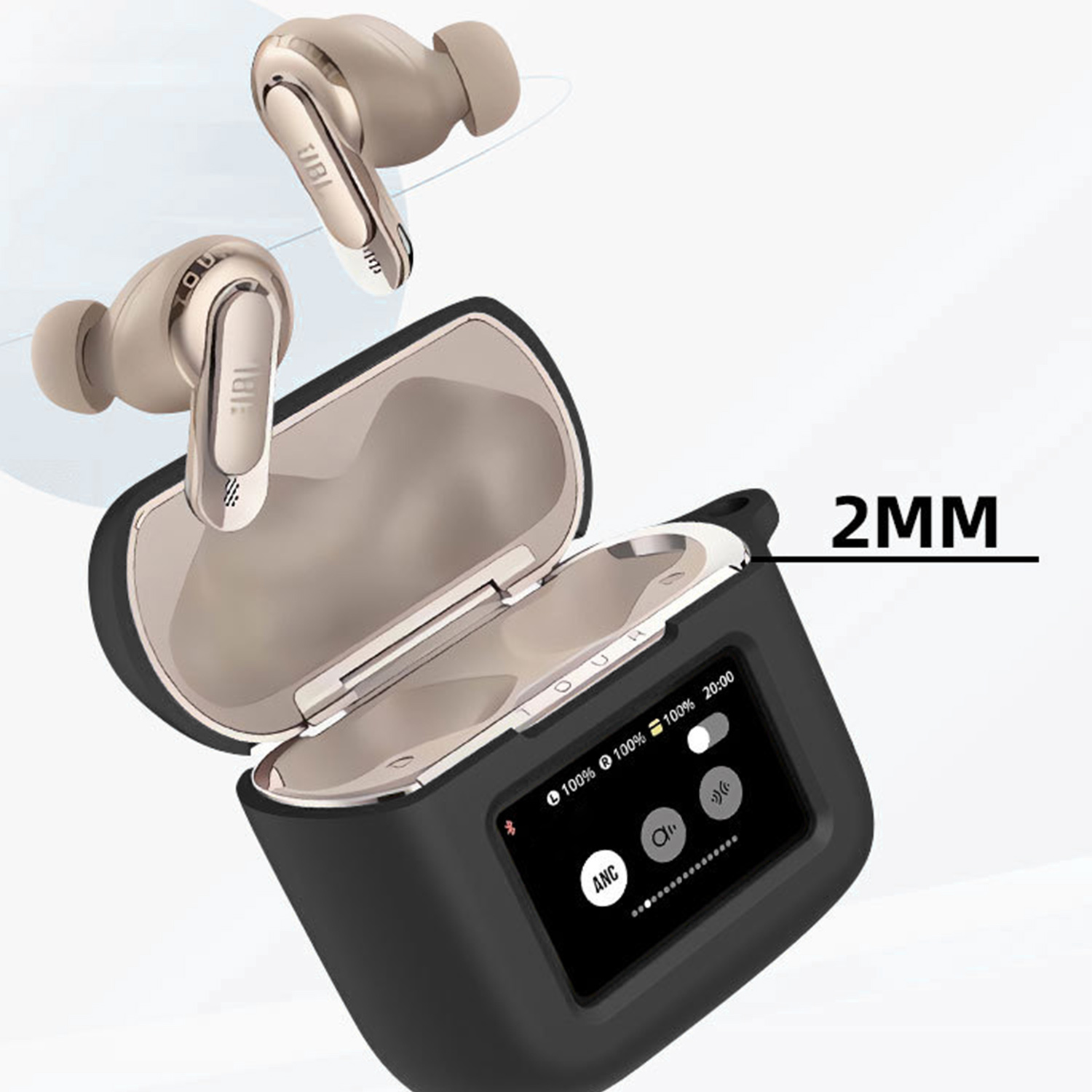Kopfhörer und Ladeetui. Die Kopfhörer sind beige. Das Etui ist schwarz und offen, mit einem Bildschirm mit Einstellungen. 2MM steht rechts.