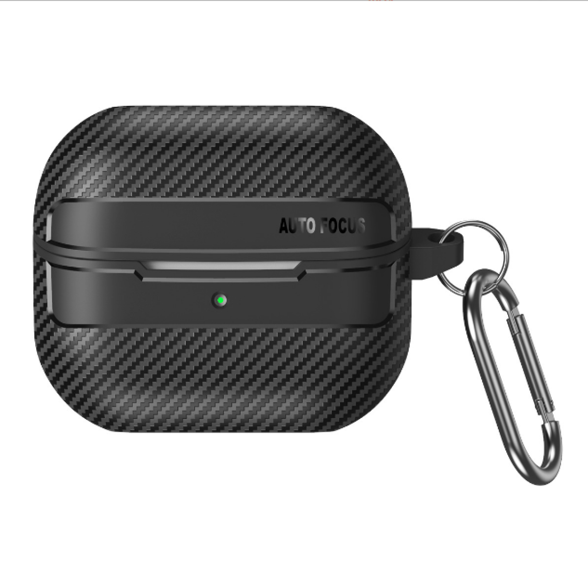 Schwarzes Kopfhörer-Etui mit Karbonfaser-Design, 'AUTO FOCUS'-Text und einem silbernen Karabinerhaken.