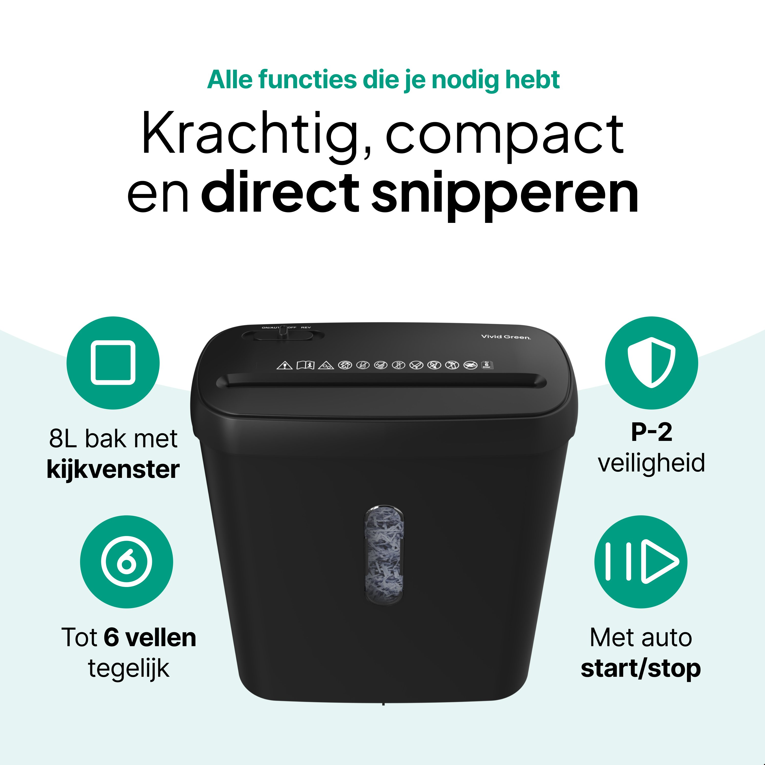 Black paper shredder with green icons and text. Text says: powerful, compact, direct shredding, and auto start/stop.