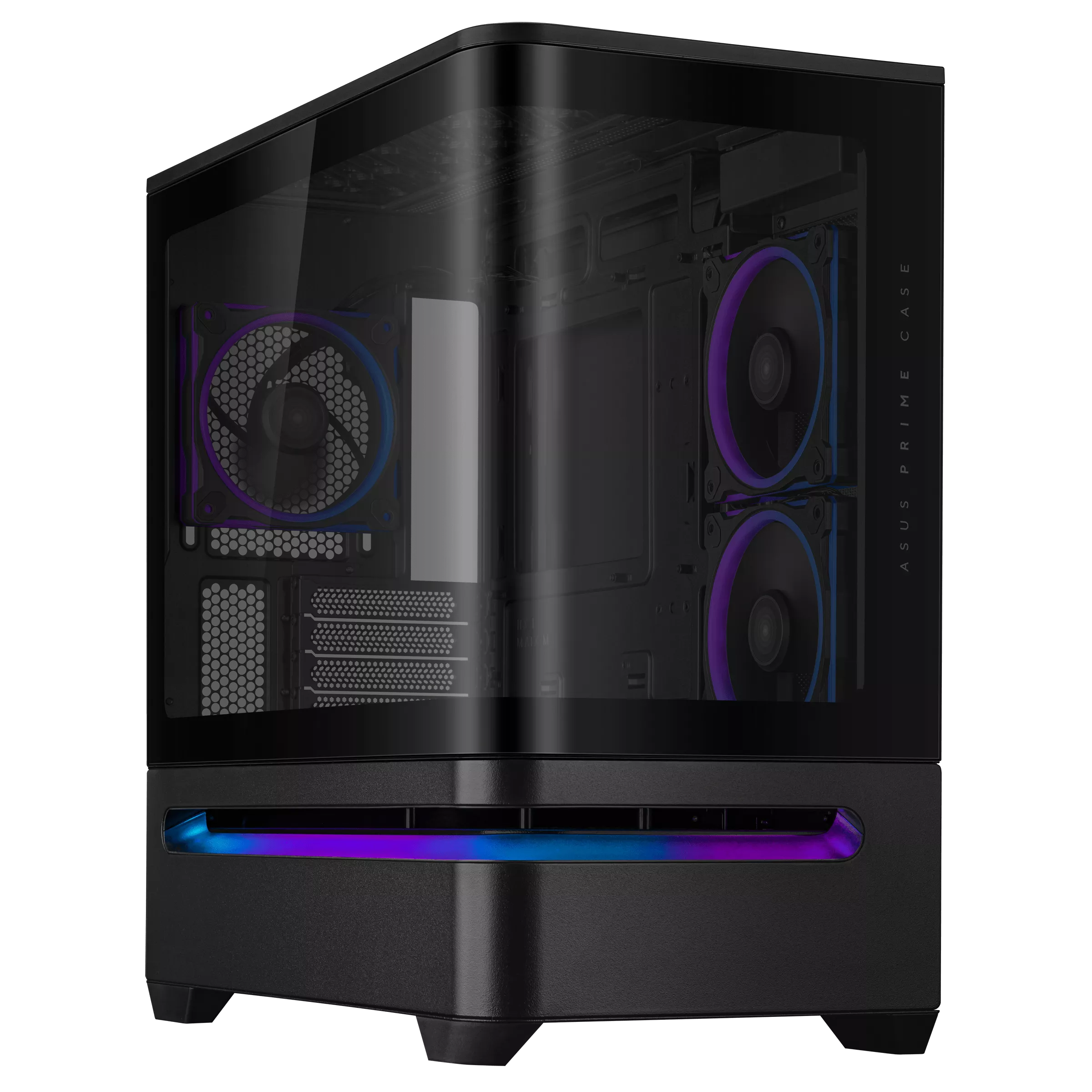 Case per computer nero con frontale in vetro. Include ventole con luci blu e viola e una barra luminosa.