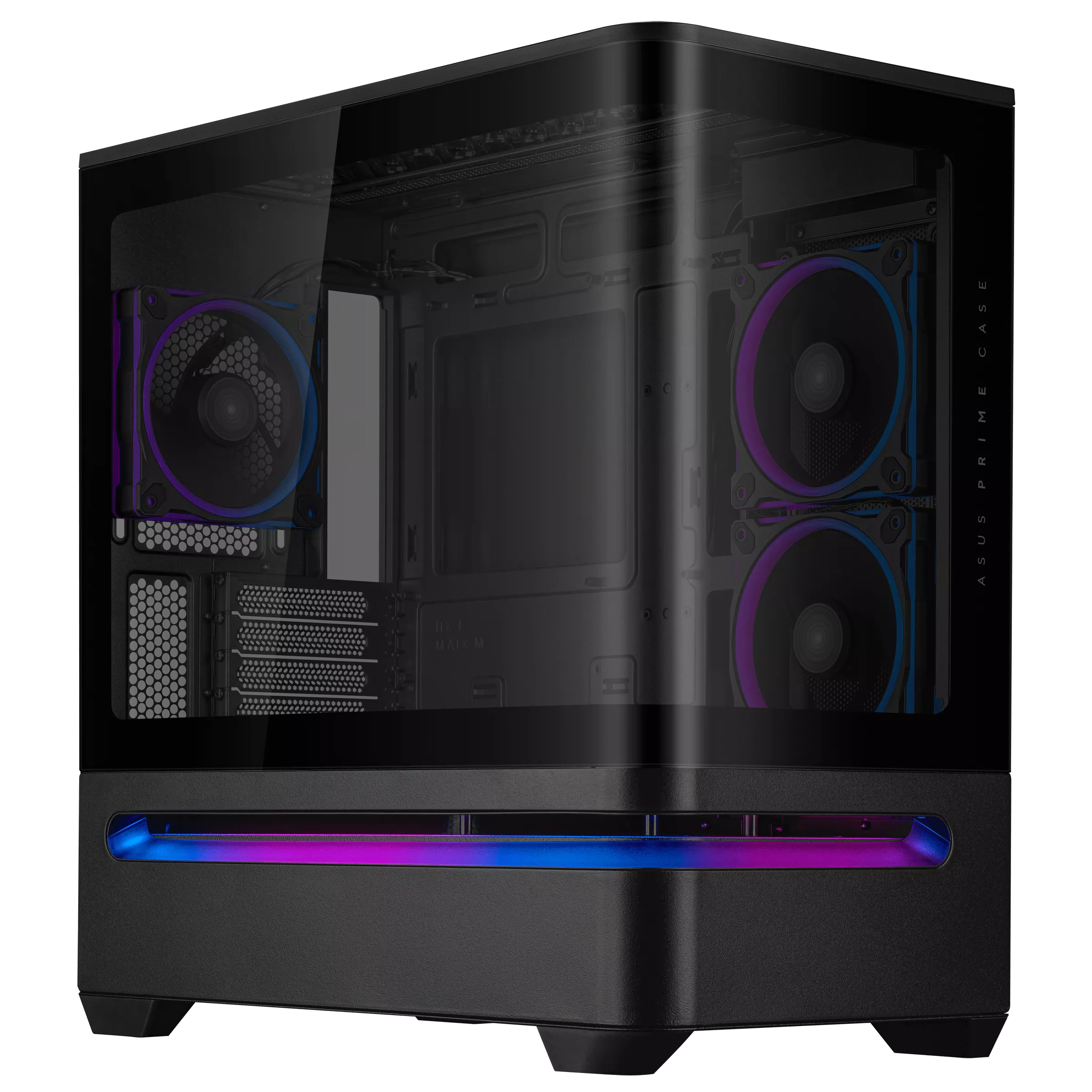 Un case per computer con un lato in vetro. Ha ventole con luci blu e viola e un logo ASUS Prime Case.