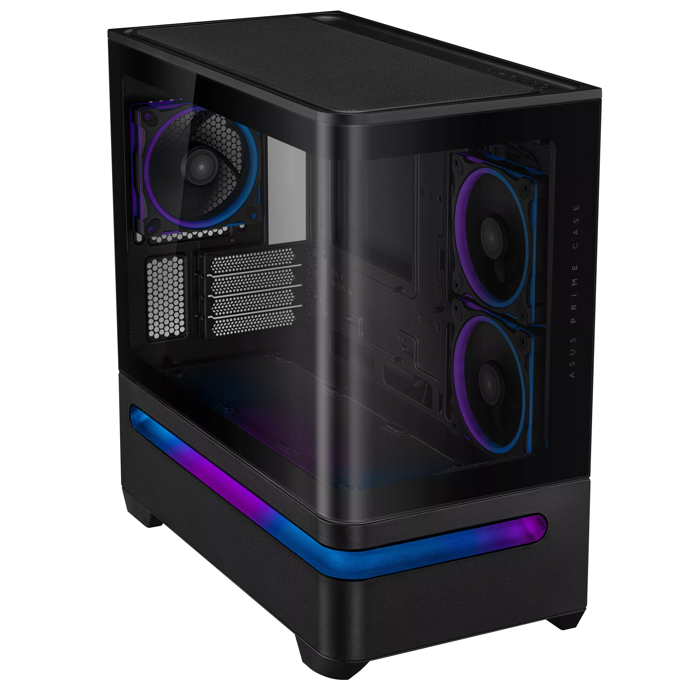 Case nero per computer con pannello in vetro e ventole RGB. Etichetta ASUS PRIME CASE sul lato.