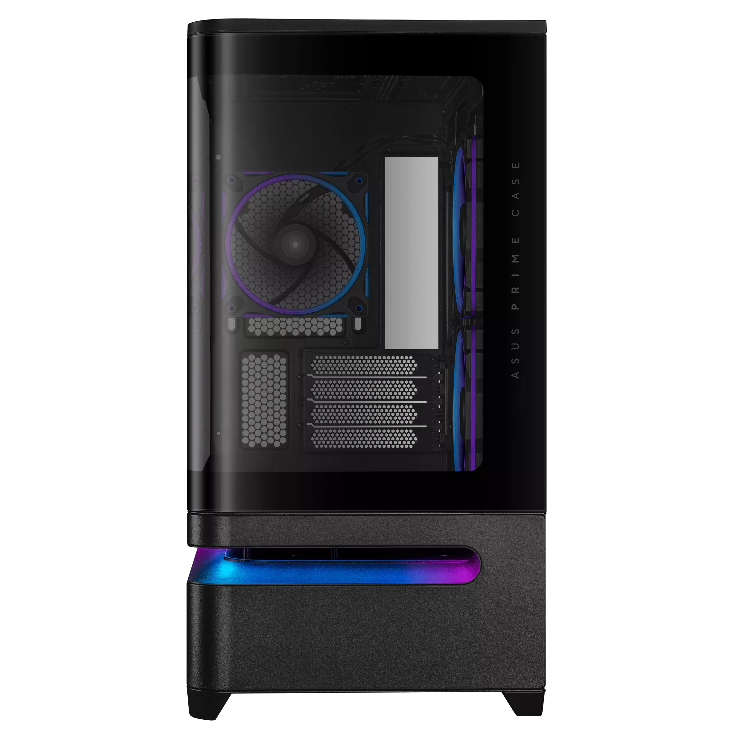 Case PC ASUS Prime nero con pannello laterale in vetro. Interno visibile con ventole, illuminazione RGB e la scritta ASUS PRIME CASE.