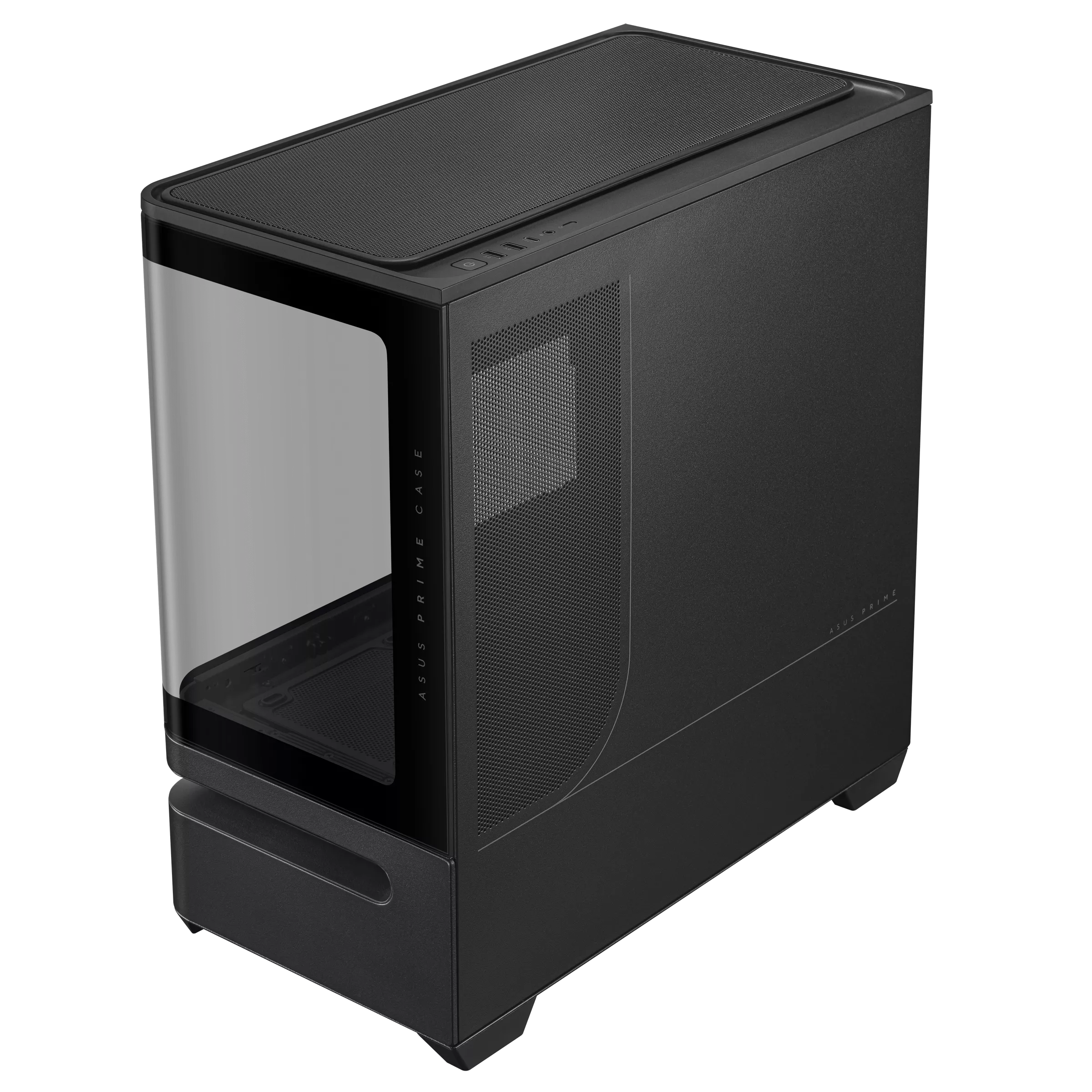 Case per computer nero. Ha un pannello laterale in vetro, una presa d'aria a rete e le parole ASUS PRIME CASE sono visibili.