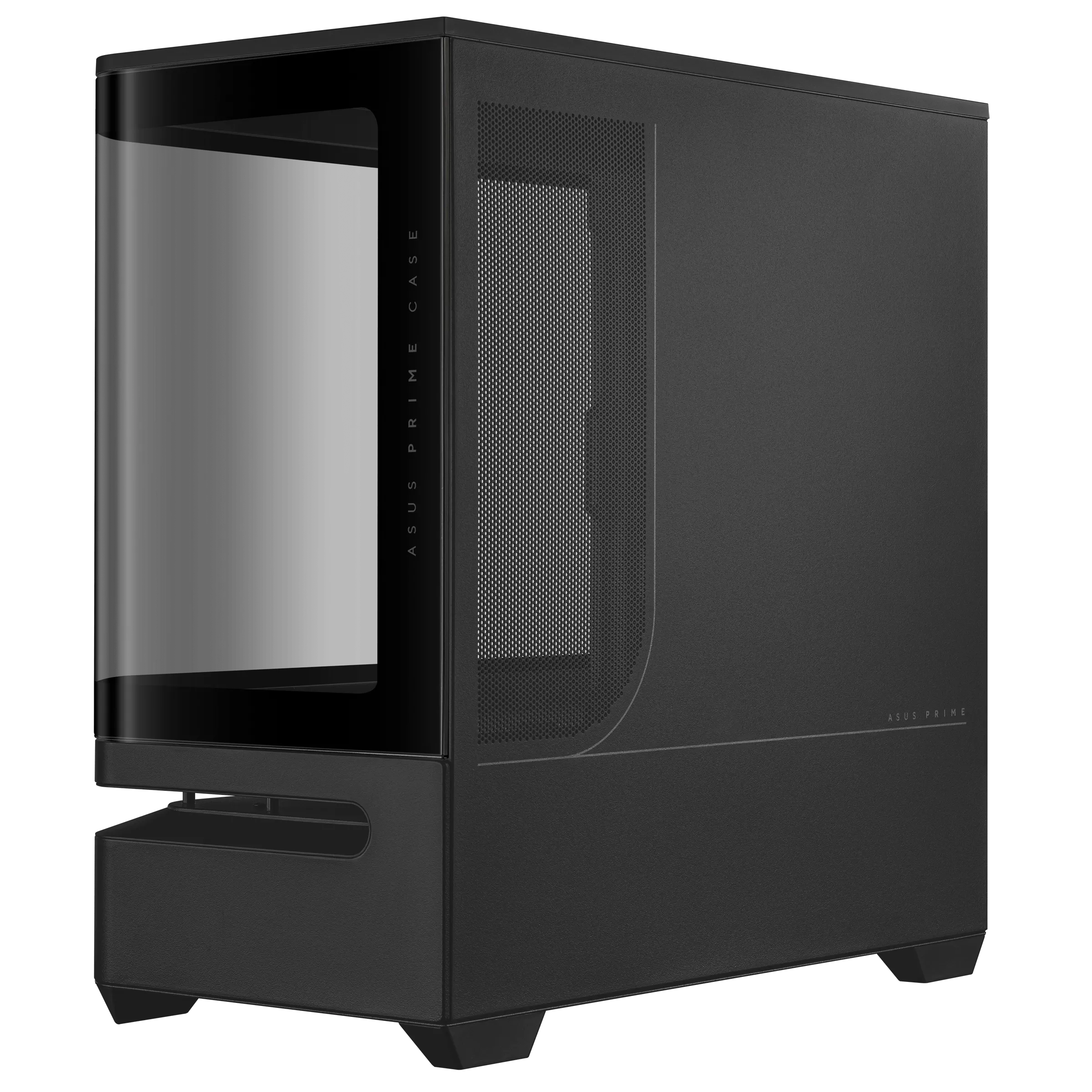 Un case per computer nero, ASUS Prime Case, con pannello laterale in vetro e una griglia.