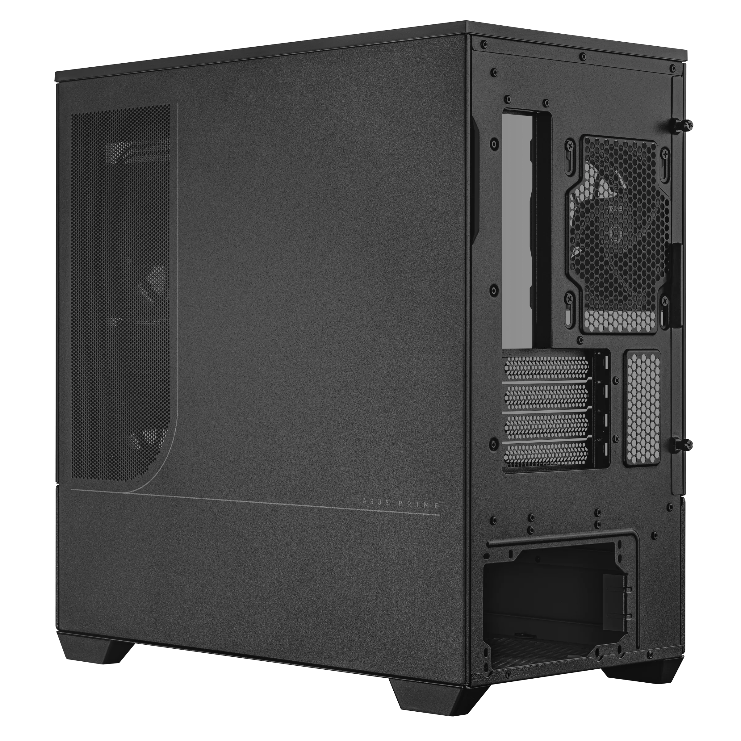 Un case per computer nero, strutturato, con una presa d'aria laterale. La parte posteriore mostra aperture per componenti e il testo 'ASUS PRIME'.