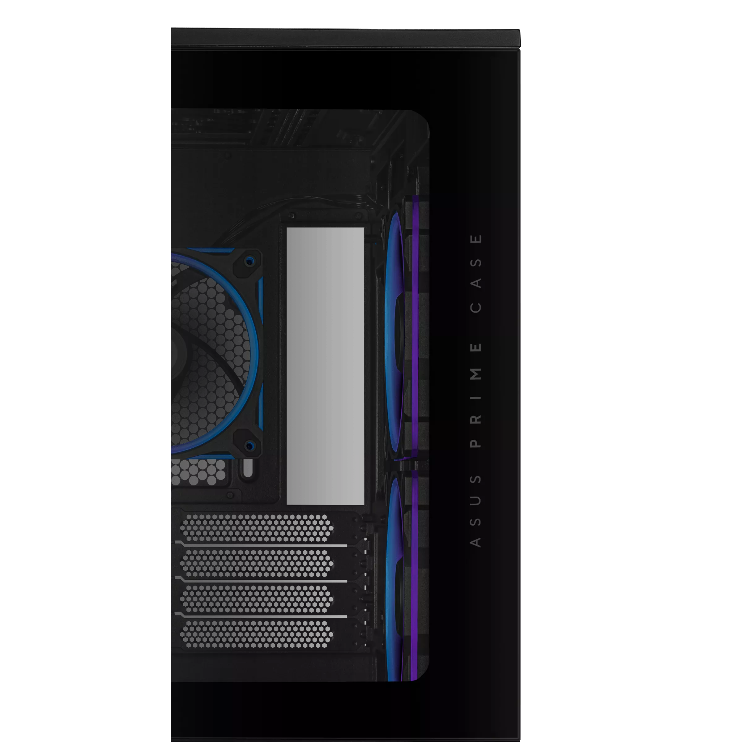 Un case per computer con un pannello laterale trasparente. All'interno, sono visibili ventole con luci blu e viola.