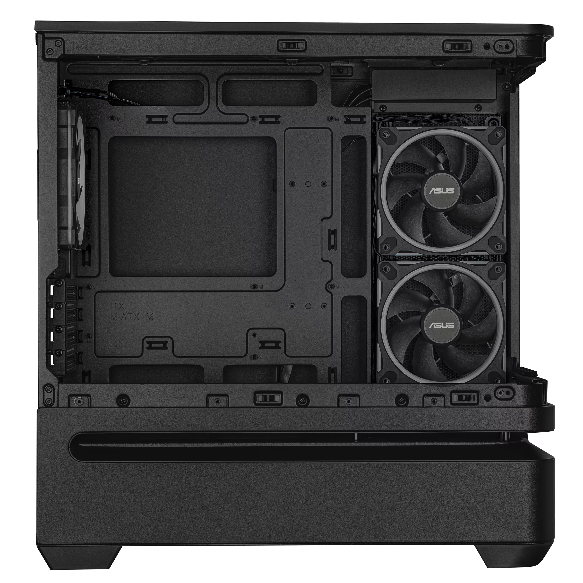 Interno di un case per computer nero con ventole. Ha slot per componenti e due ventole ASUS.