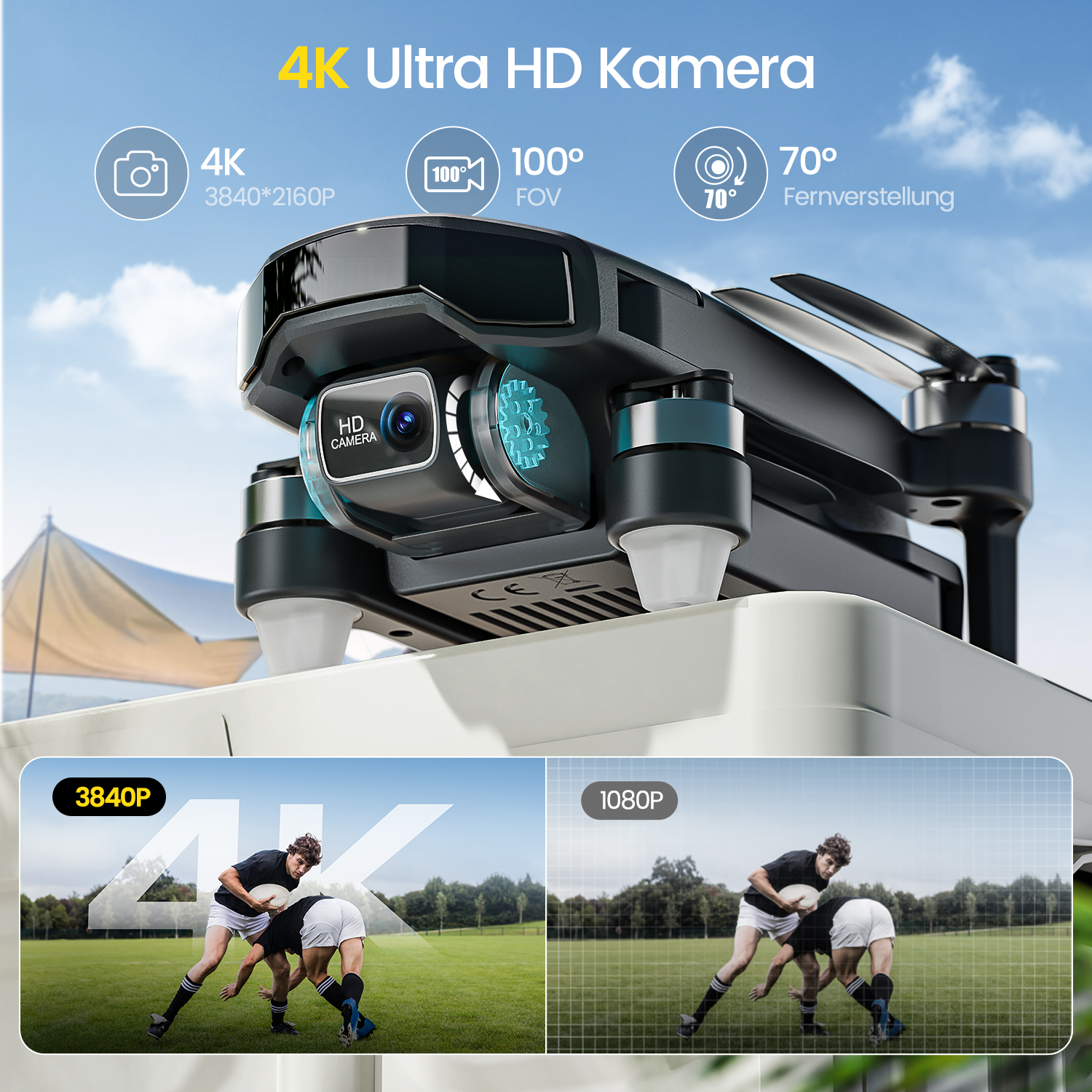 Eine Drohne mit Kamera-Details, einschließlich 4K Ultra HD und Sichtfeld-Spezifikationen, zeigt auch Rugbyspieler auf einem Feld.
