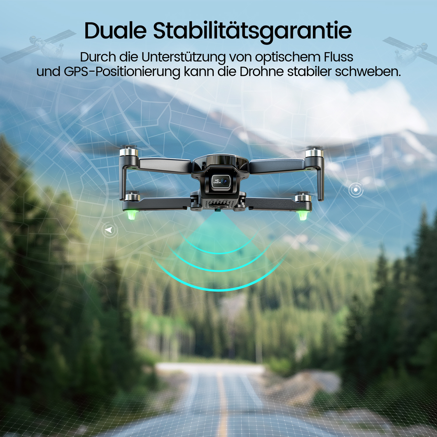 Eine Drohne wird angezeigt, mit dem Text 'Duale Stabilitätsgarantie'. Die Drohne ist schwarz, mit grünen Lichtern. Der Hintergrund zeigt einen Wald und eine Karte.