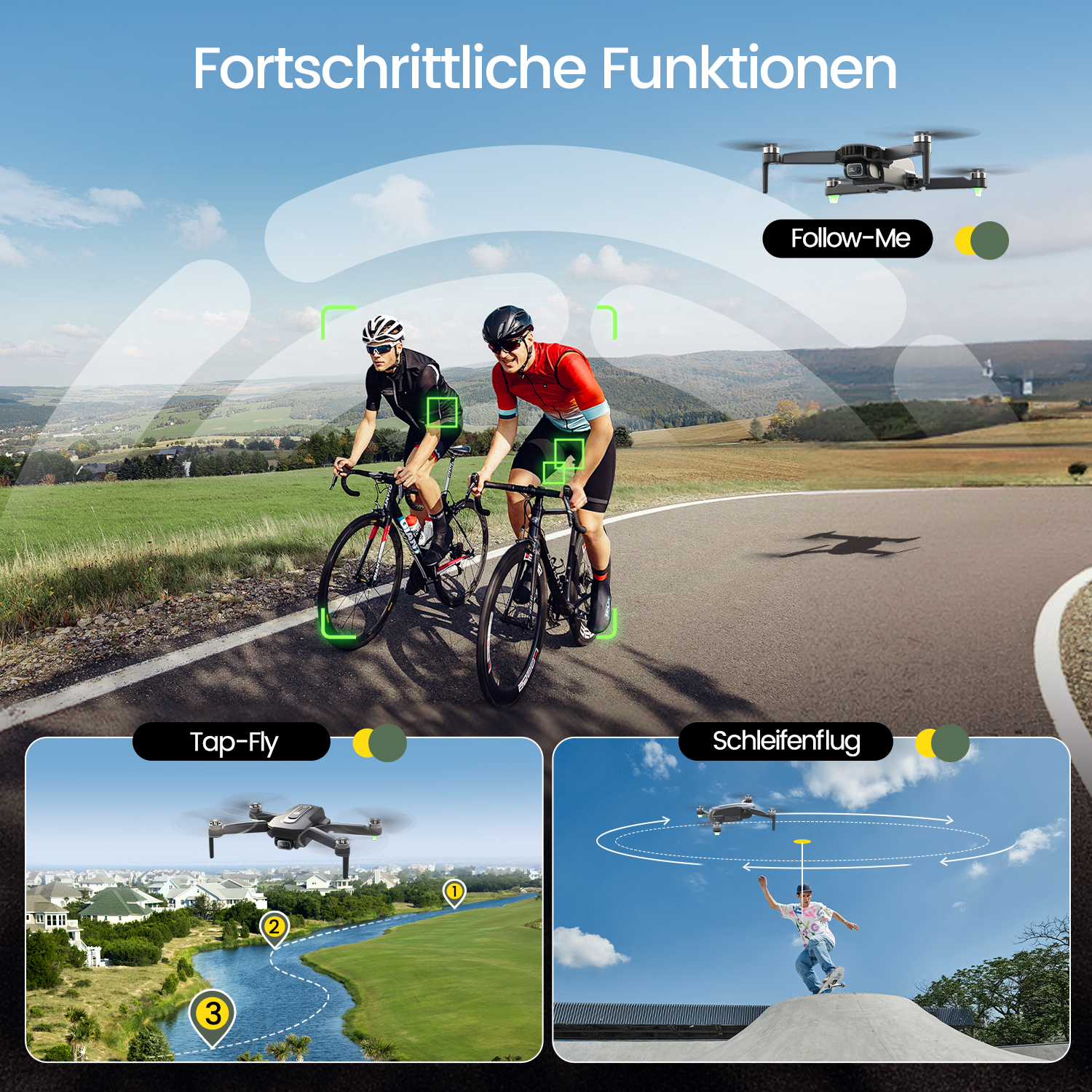 Das Bild zeigt Radfahrer, die von einer Drohne verfolgt werden. Unten zeigt Tap-Fly eine Drohne über einem Fluss. Schleifenflug zeigt eine Drohne über einer Person.