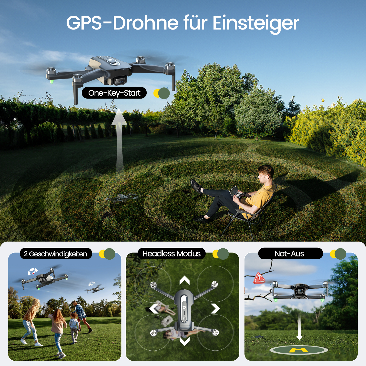 Eine Drohne fliegt über einen grünen Rasen, eine Person sitzt auf einem Stuhl. Drei weitere Drohnenfunktionen sind unten abgebildet.
