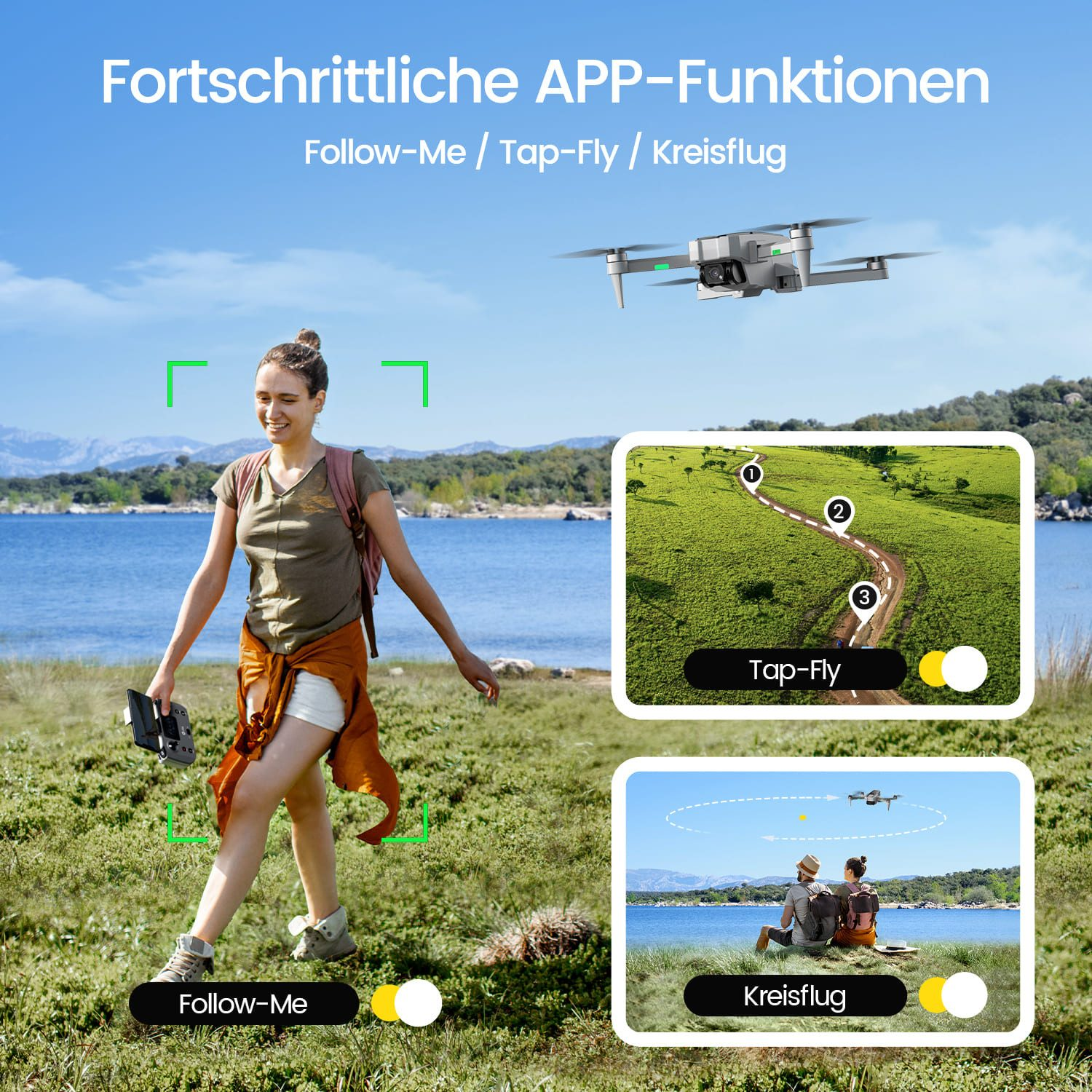 Frau mit Fernbedienung geht. Drohne am Himmel. Tap-Fly und Kreisflug-Optionen. Grüne Felder und blaues Wasser im Hintergrund.