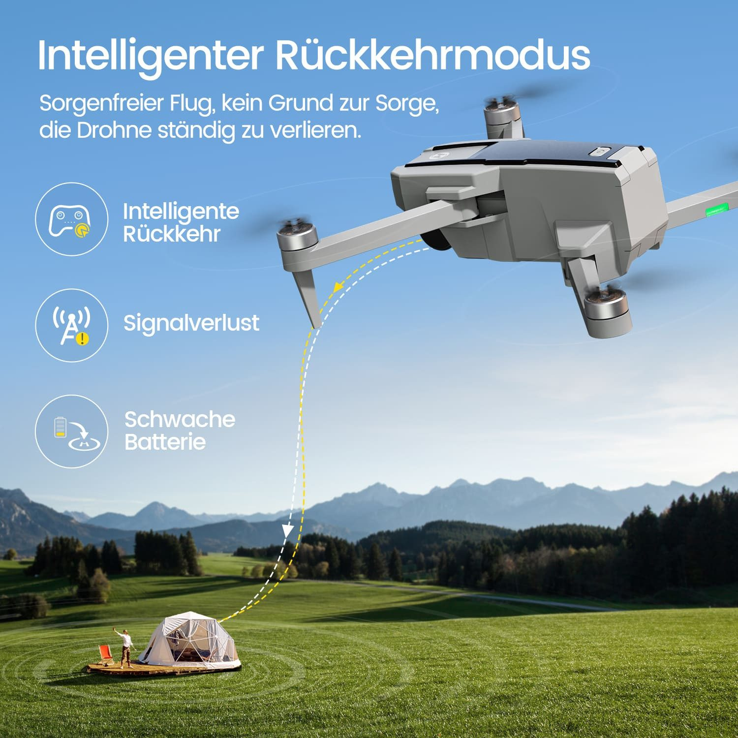 Eine Drohne im Flug mit einer Person in der Nähe eines Zeltes auf einem Feld. Die Drohne hat eine Rückkehrfunktion.