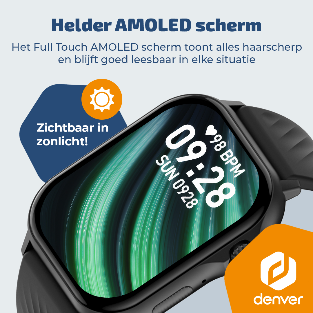 Une montre connectée noire affiche l'heure, le soleil et la fréquence cardiaque. Le texte met en évidence la lisibilité au soleil et l'écran AMOLED.