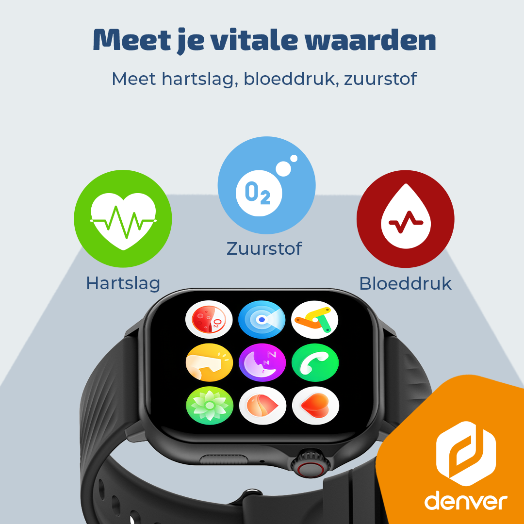 Image d'une montre connectée avec icônes, indicateurs de fréquence cardiaque, niveau d'oxygène et pression artérielle. Logo Denver visible. Texte : 'Mesurez vos signes vitaux'.