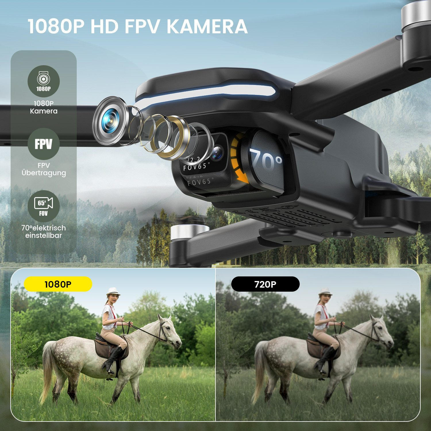 Schwarze Drohne mit 1080P-Kamera, mit zwei Vergleichsbildern: eine Frau, die ein Pferd reitet, beschriftet mit 1080P und 720P.
