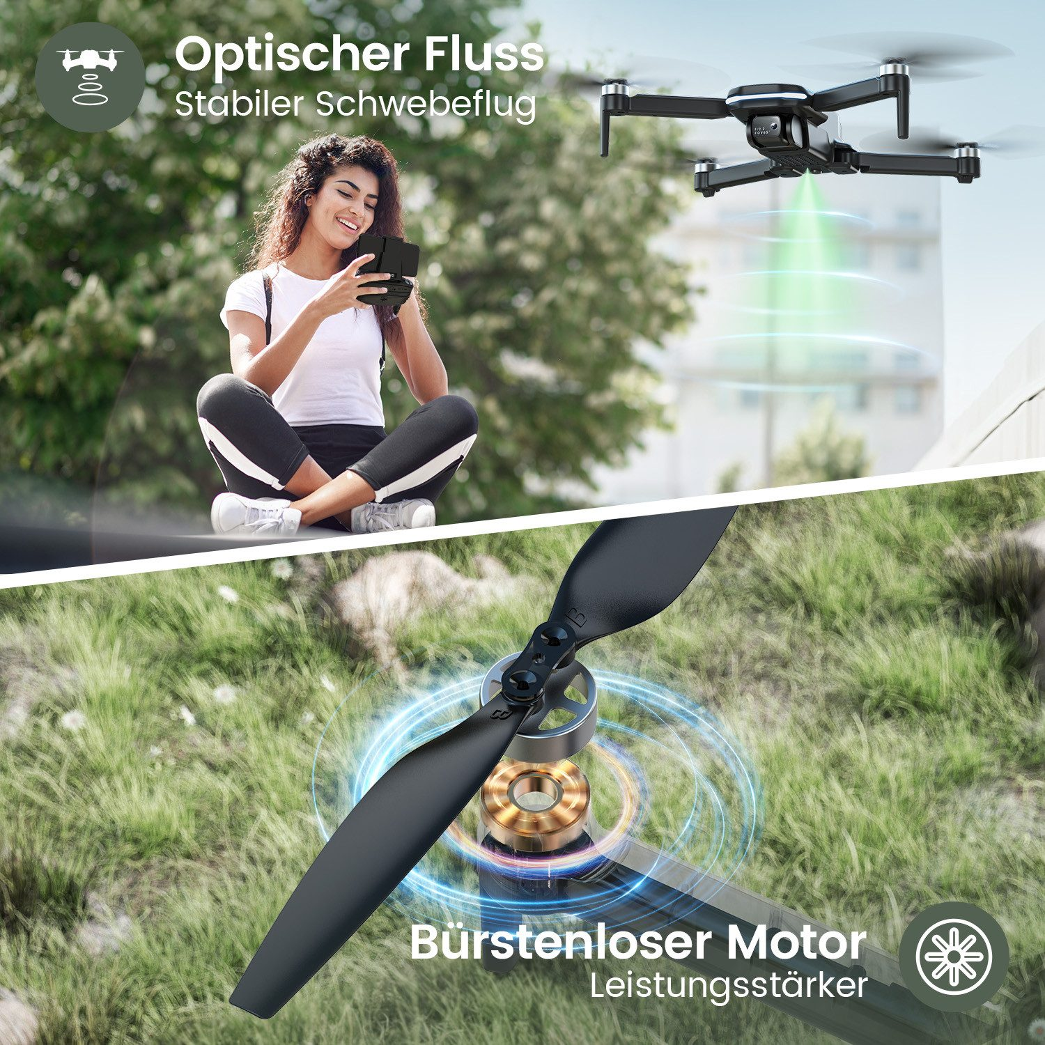Eine Frau steuert eine Drohne mit ihrem Handy. Die Drohne schwebt darüber, und eine Nahaufnahme zeigt einen Propeller.