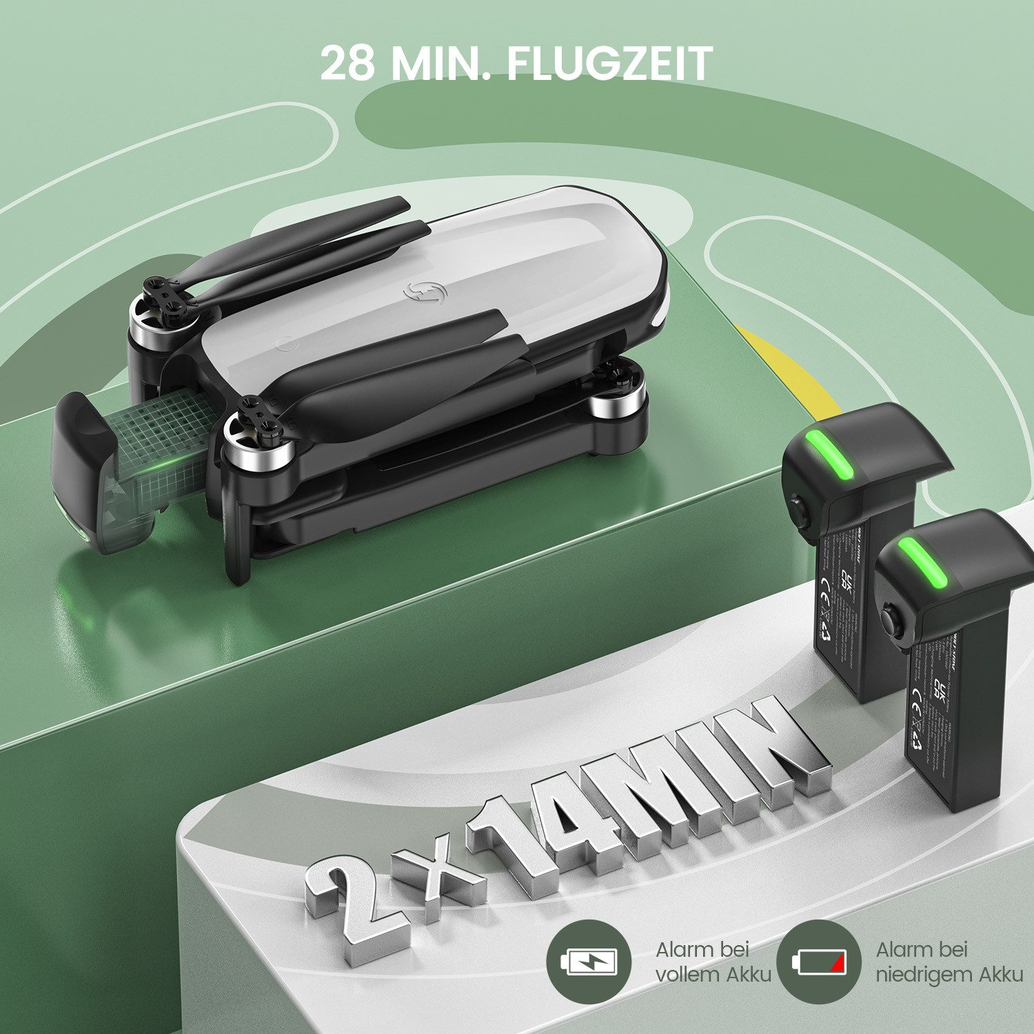 Eine Drohne mit schwarzen Propellern und weißem Körper steht auf einer grünen Oberfläche, mit zwei Batterien und Text.
