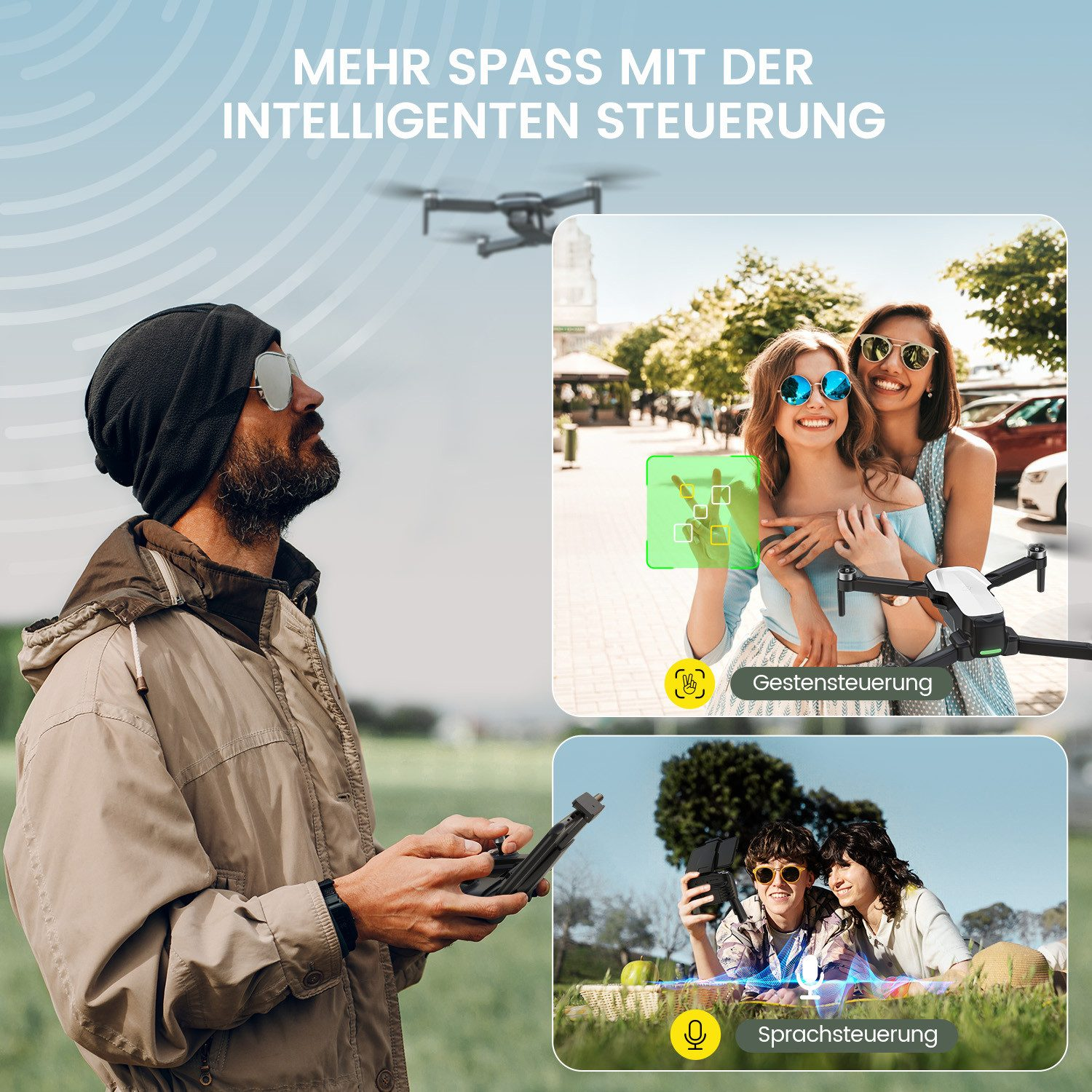 Mann steuert Drohne. Bilder von Gesten- und Sprachsteuerung mit Personen. Text: 'Mehr Spaß mit intelligenter Steuerung'.