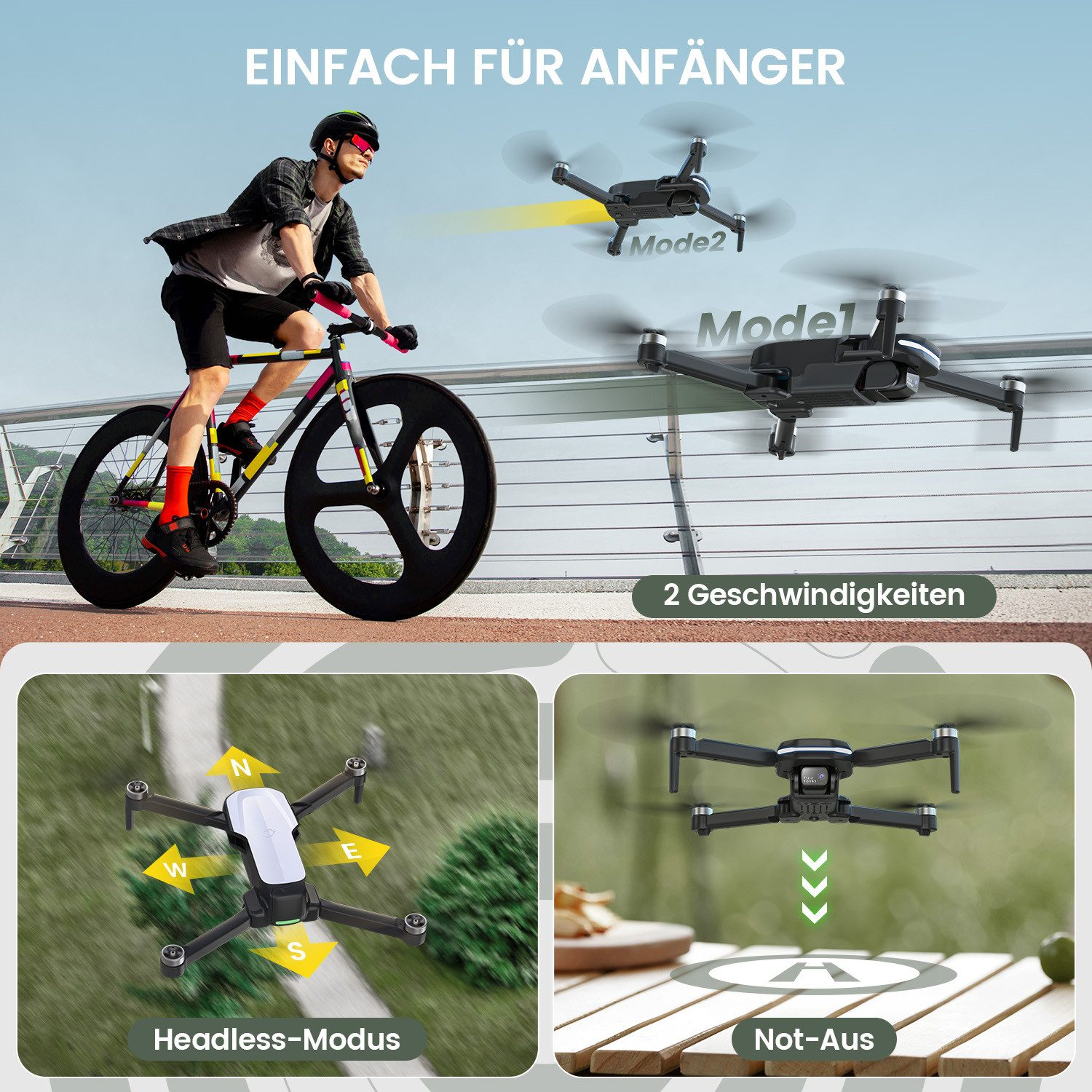 Ein Radfahrer fährt in der Nähe von Drohnen. Das Bild wirbt für Drohnen mit Funktionen wie Headless-Modus und Not-Aus.