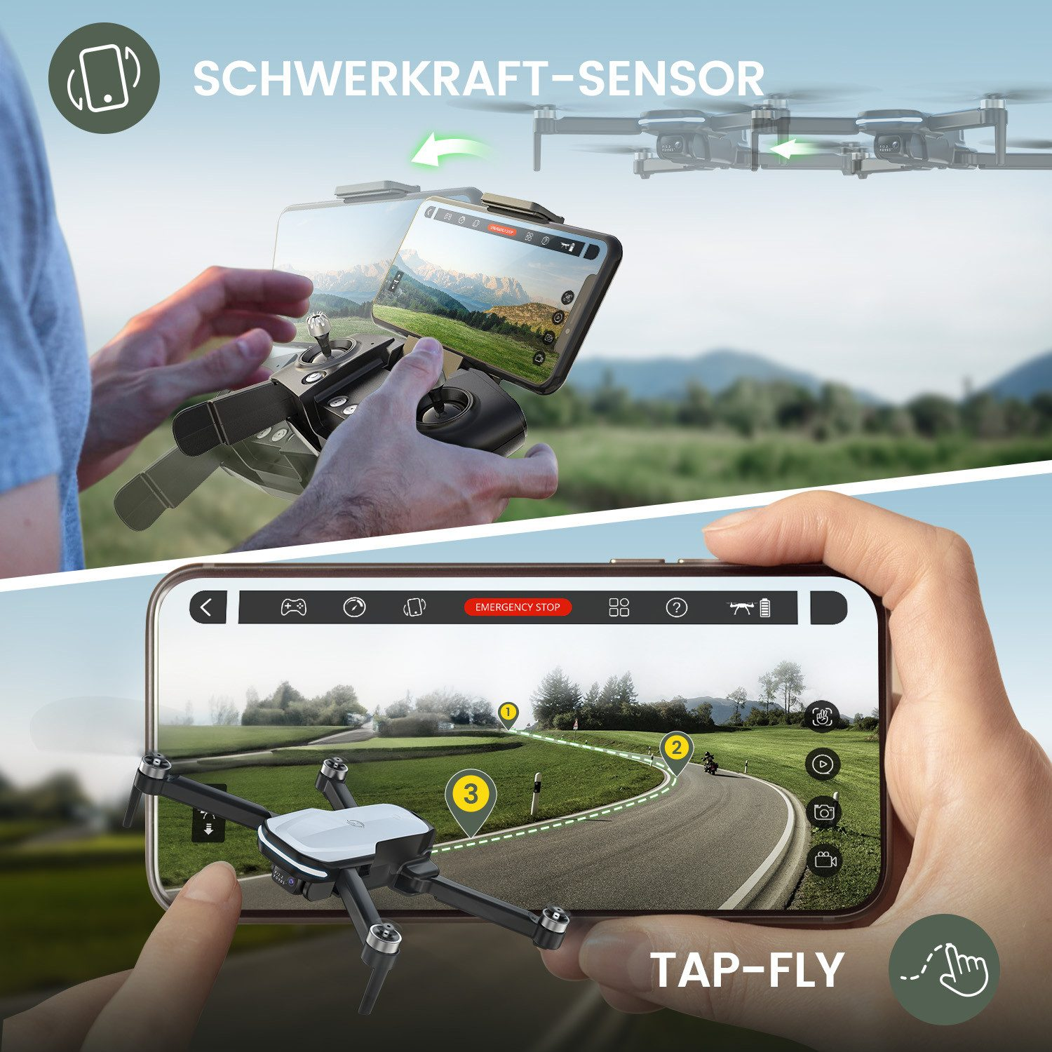 Eine Person hält ein Telefon mit Drohnen-Benutzeroberfläche. Eine Drohne fliegt im Hintergrund. Das Telefon zeigt eine Straßenansicht.