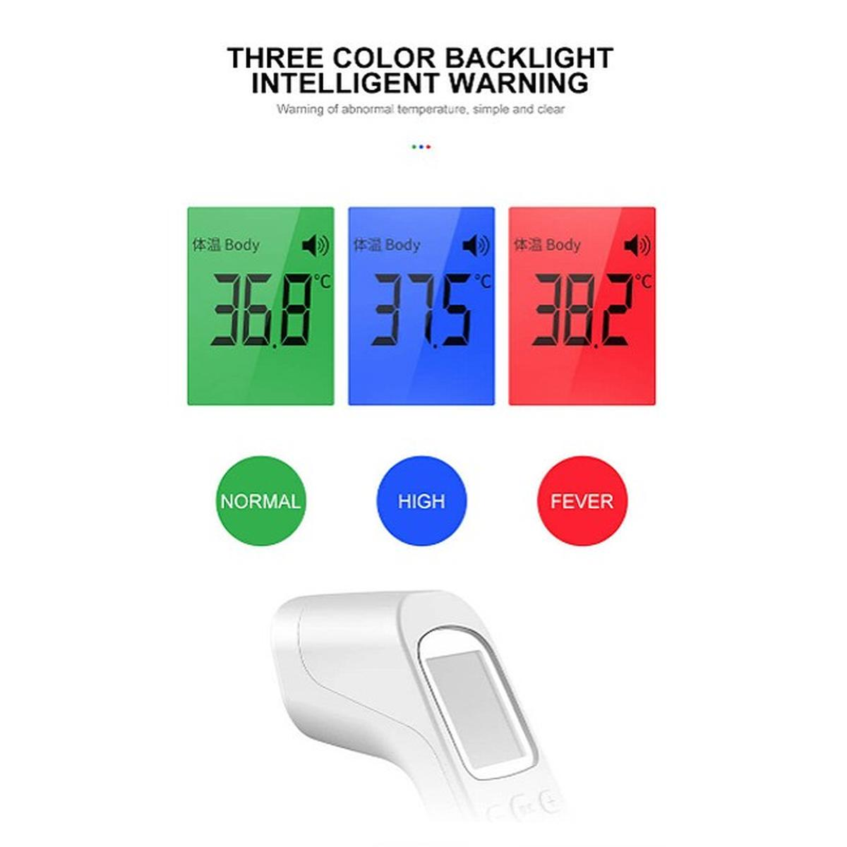 Un termometro mostra 36,8°C (verde), 37,5°C (blu) e 38,2°C (rosso), con etichette NORMAL, HIGH e FEVER. Un termometro bianco sotto.