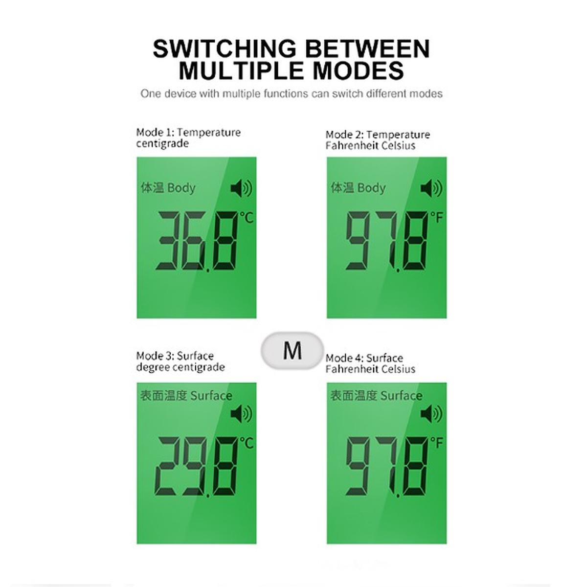Un dispositivo che mostra più modalità per le letture della temperatura. I display includono la temperatura corporea e superficiale in Celsius e Fahrenheit.