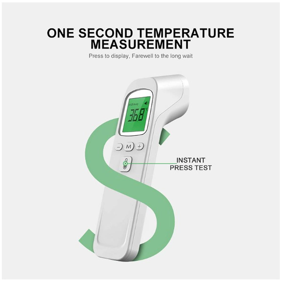 Un termometro digitale bianco mostra 36.8 sullo schermo. È etichettato 'Instant Press Test'. Il testo sopra dice 'One Second Temperature Measurement'.