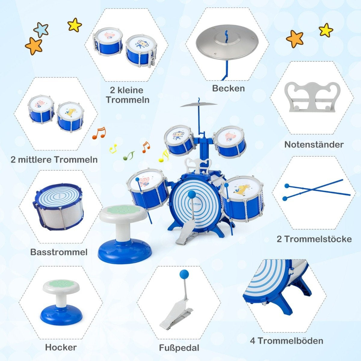 Un kit de batería de juguete azul y blanco con varios tambores, platillos, un taburete y baquetas, etiquetado en alemán.